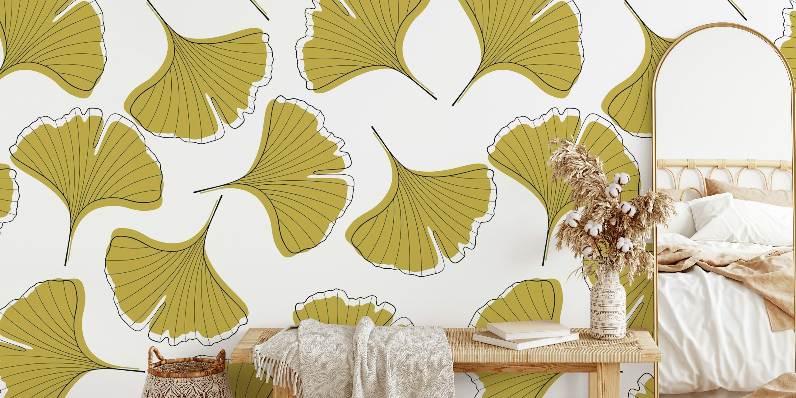 Ginkgo Biloba leaves pattern in green and white wallpaper