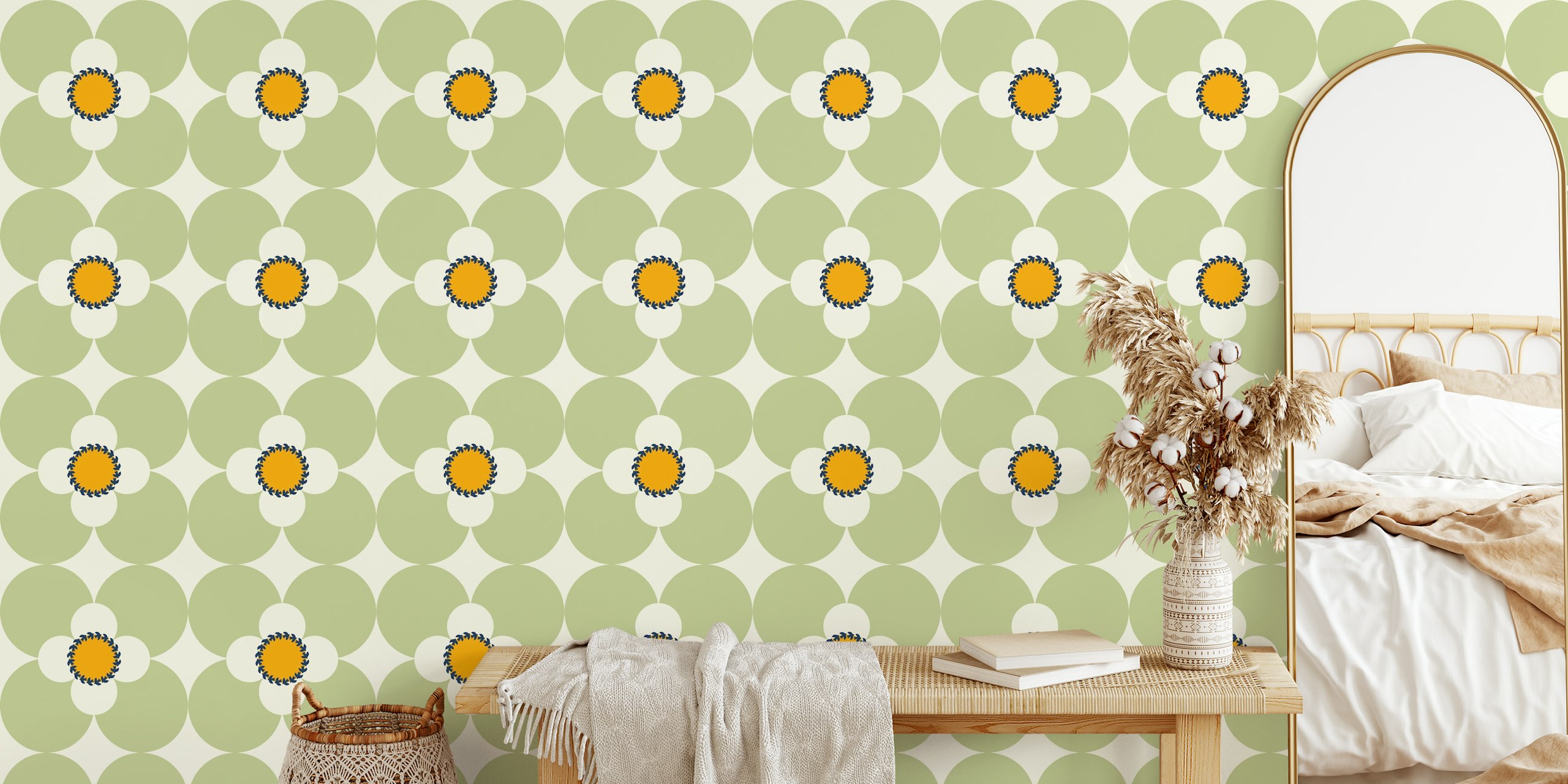 Retro floral design with green and orange blooms wallpaper