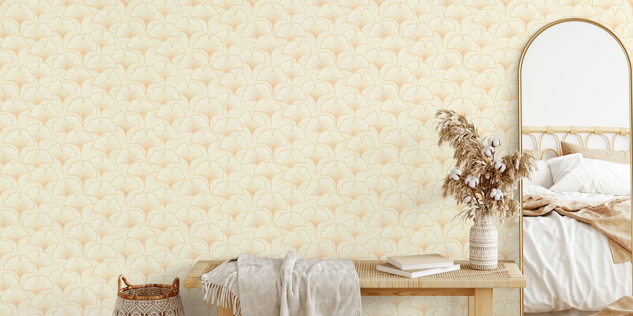 Stylized ginkgo leaves pattern in beige wallpaper