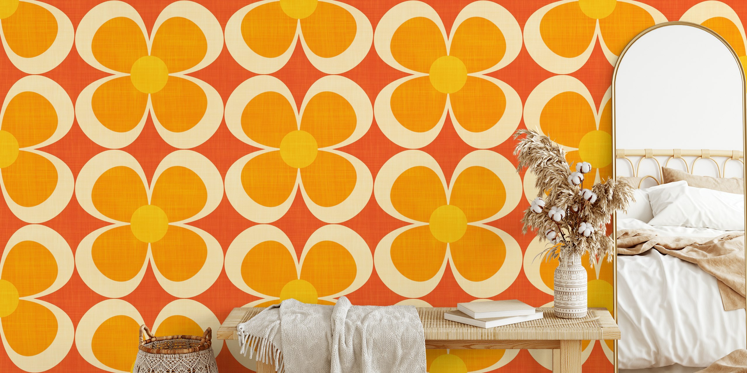 Retro-inspireret Groovy Geometric Floral vægmaleri i orange, gul og rød