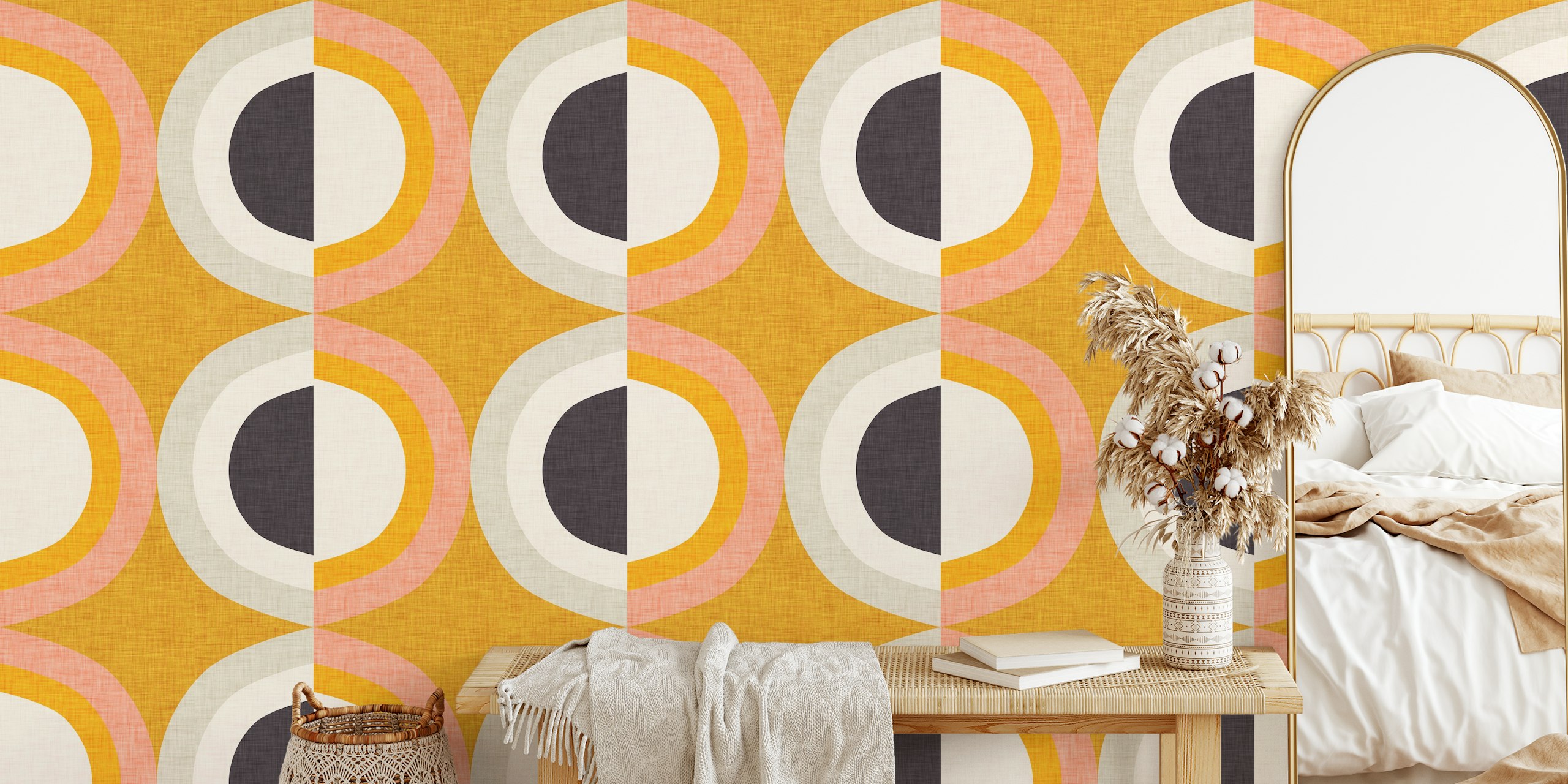 Mural de parede de estilo moderno de meados do século com formas geométricas em amarelo e carvão