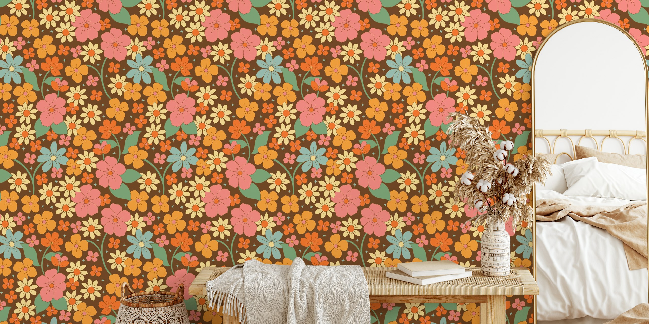 Colorful floral pattern with orange, pink, and blue flowers on brown wallpaper