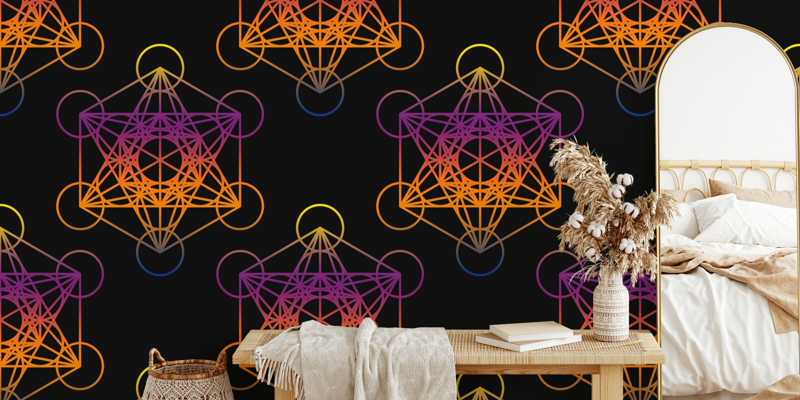 Geometric Metatron's Cube pattern in orange and black wallpaper