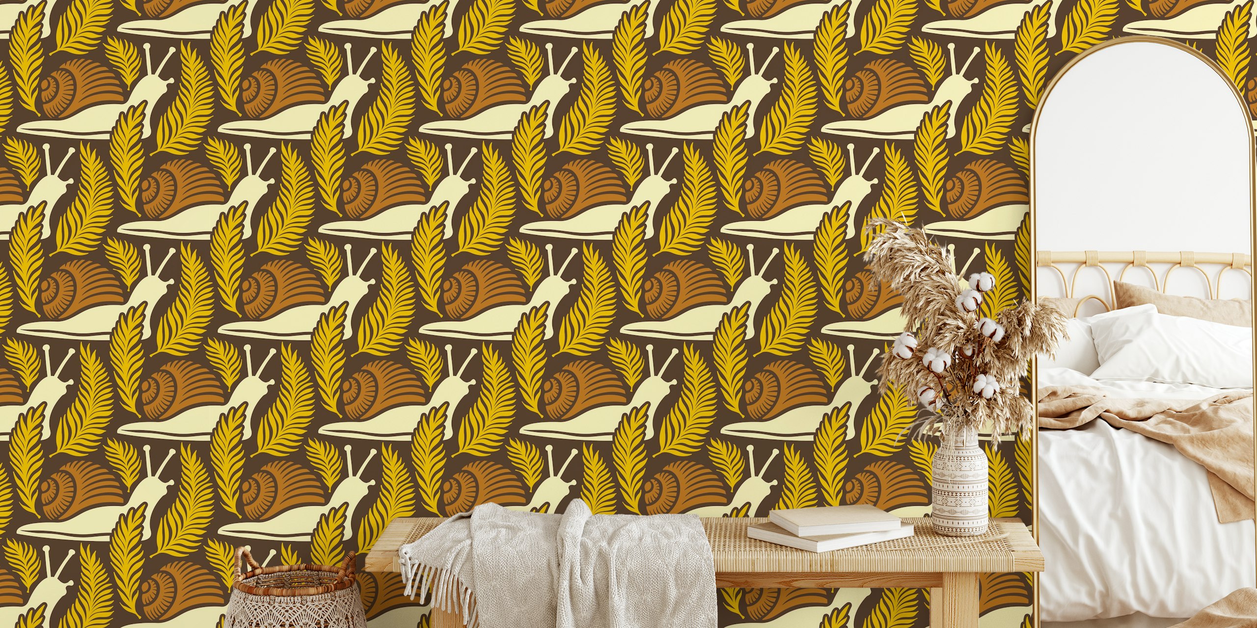 Snails and ferns in brown with green accents wallpaper
