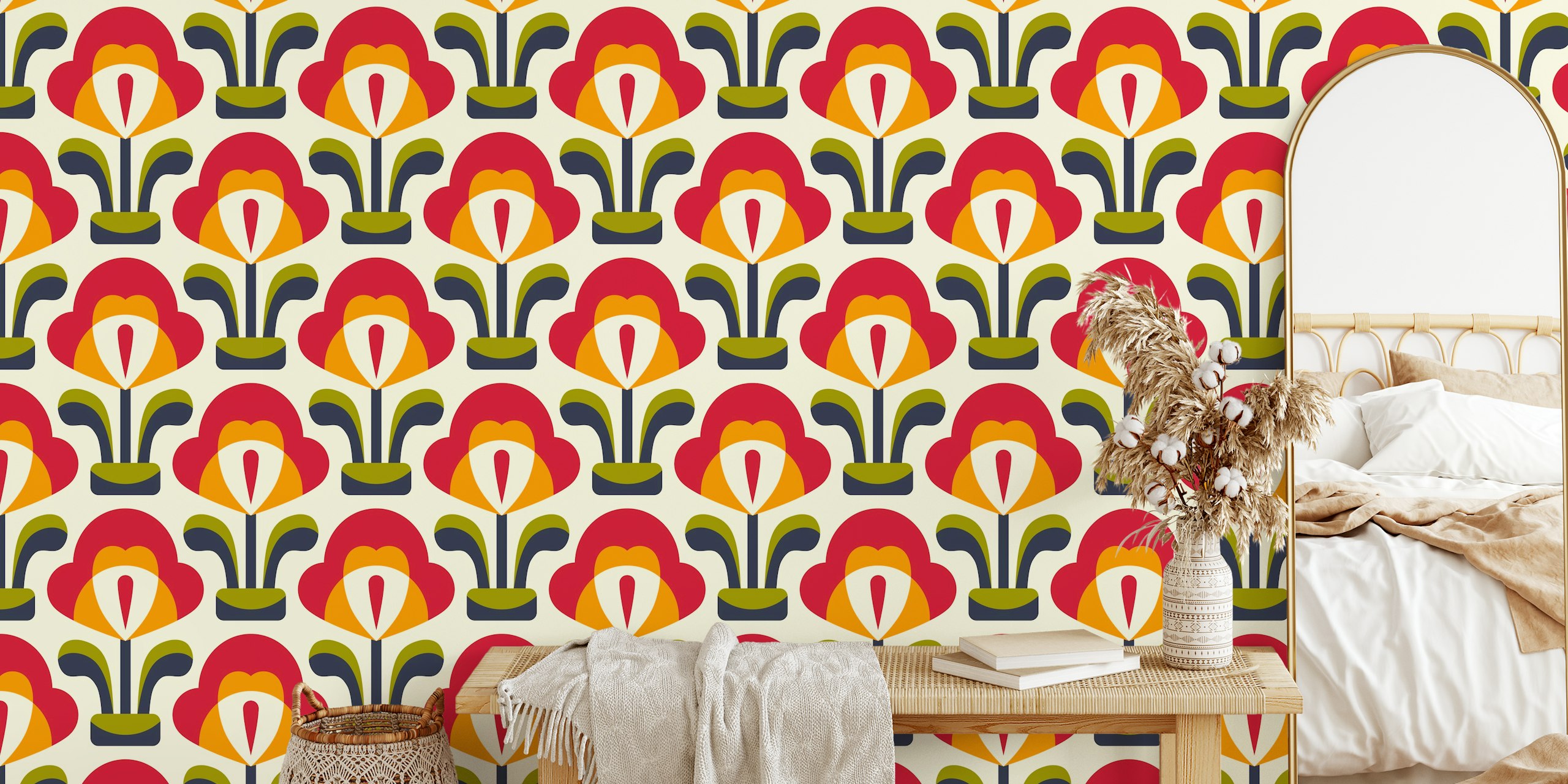 Vibrant retro blossoms wallpaper design