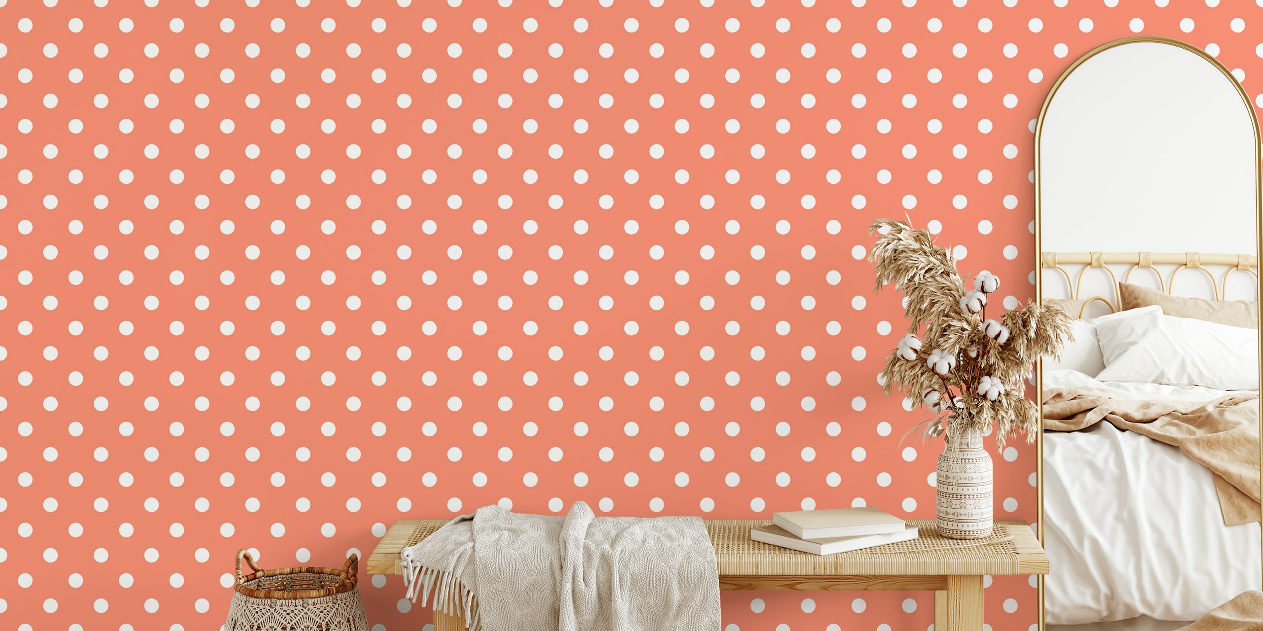 White polka dots on coral background wallpaper