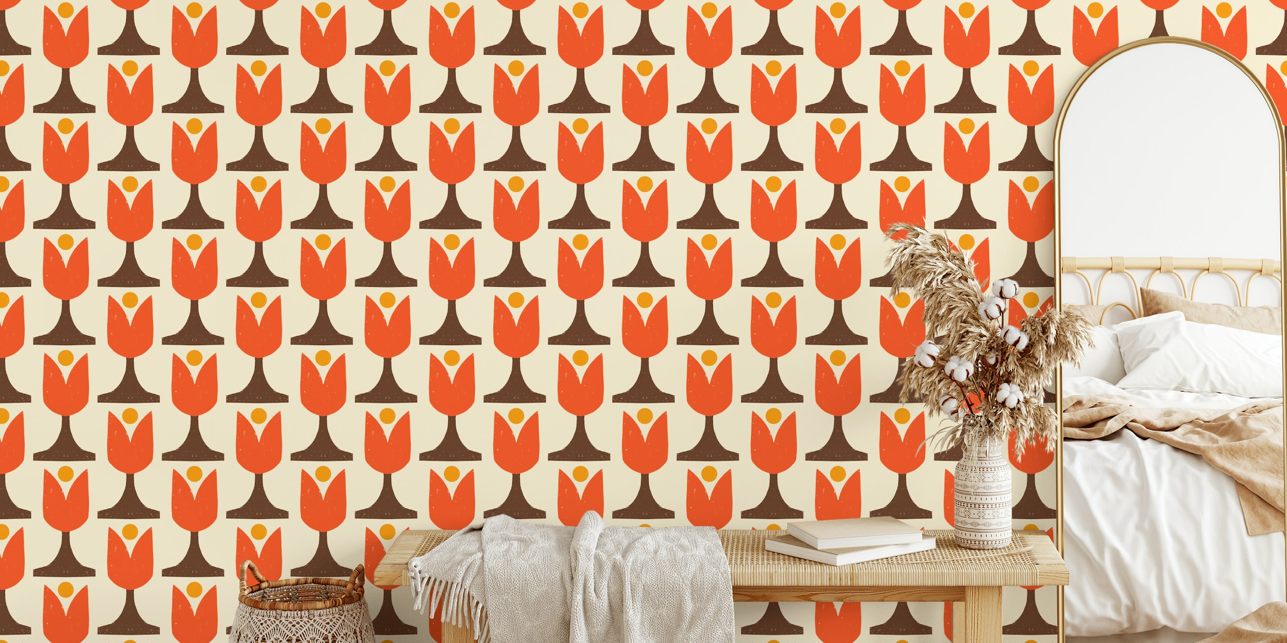 Mod 70s Flower Tulip Vanilla Brown tapet i et rum