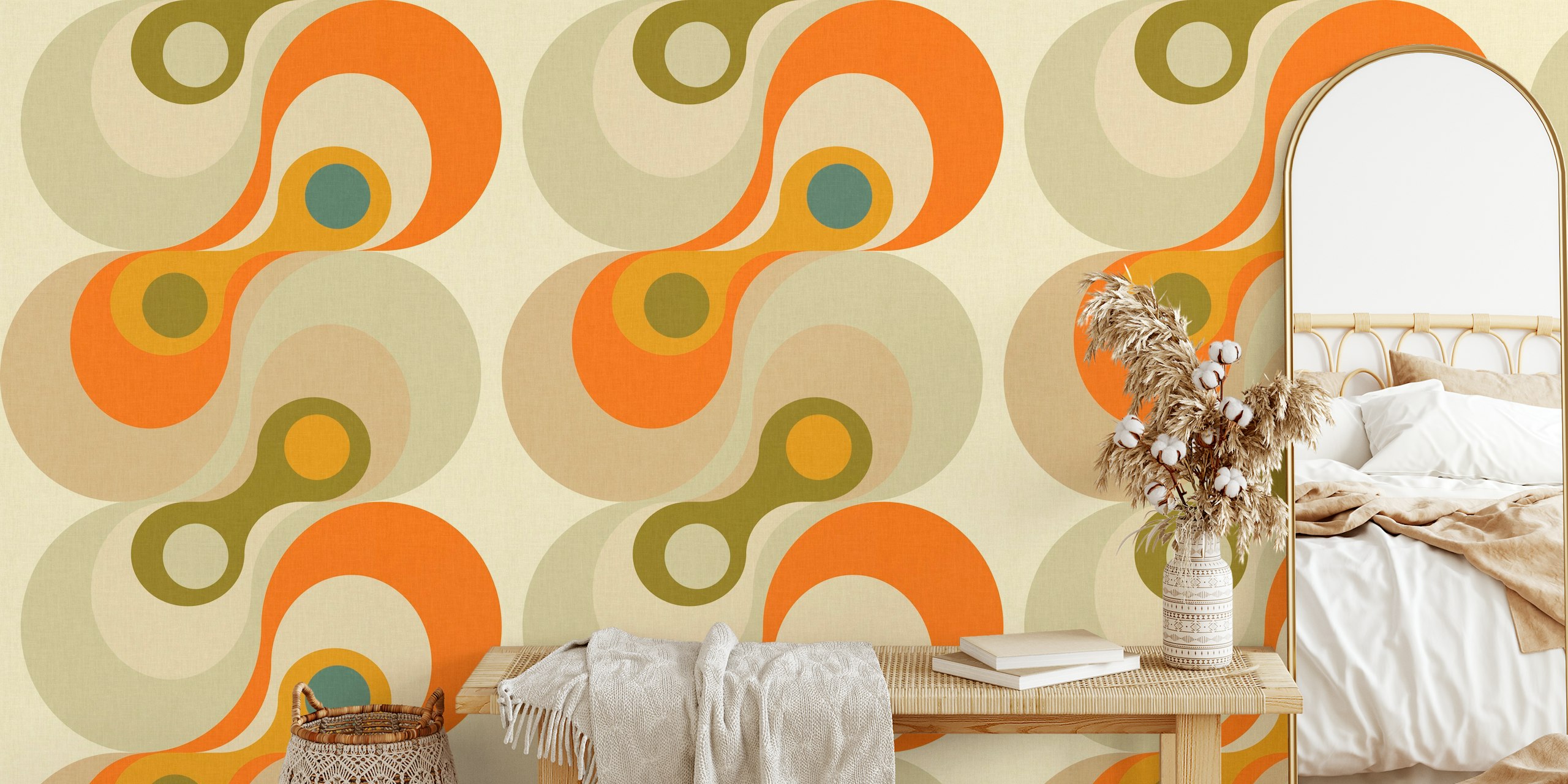 Abstract curvy geo swirls wall mural in orange, beige, and blue hues