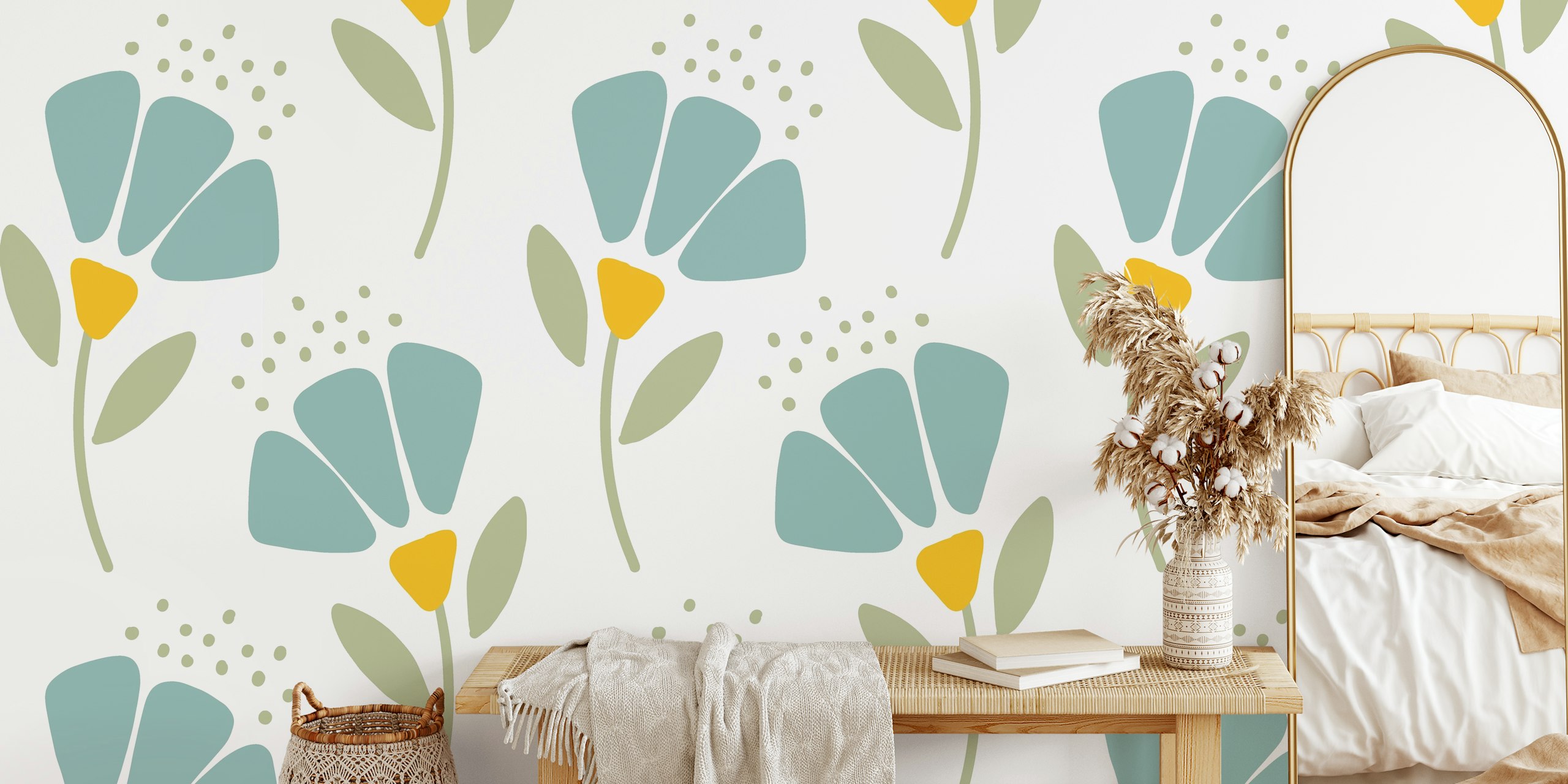 Blue Posies floral wallpaper in a room