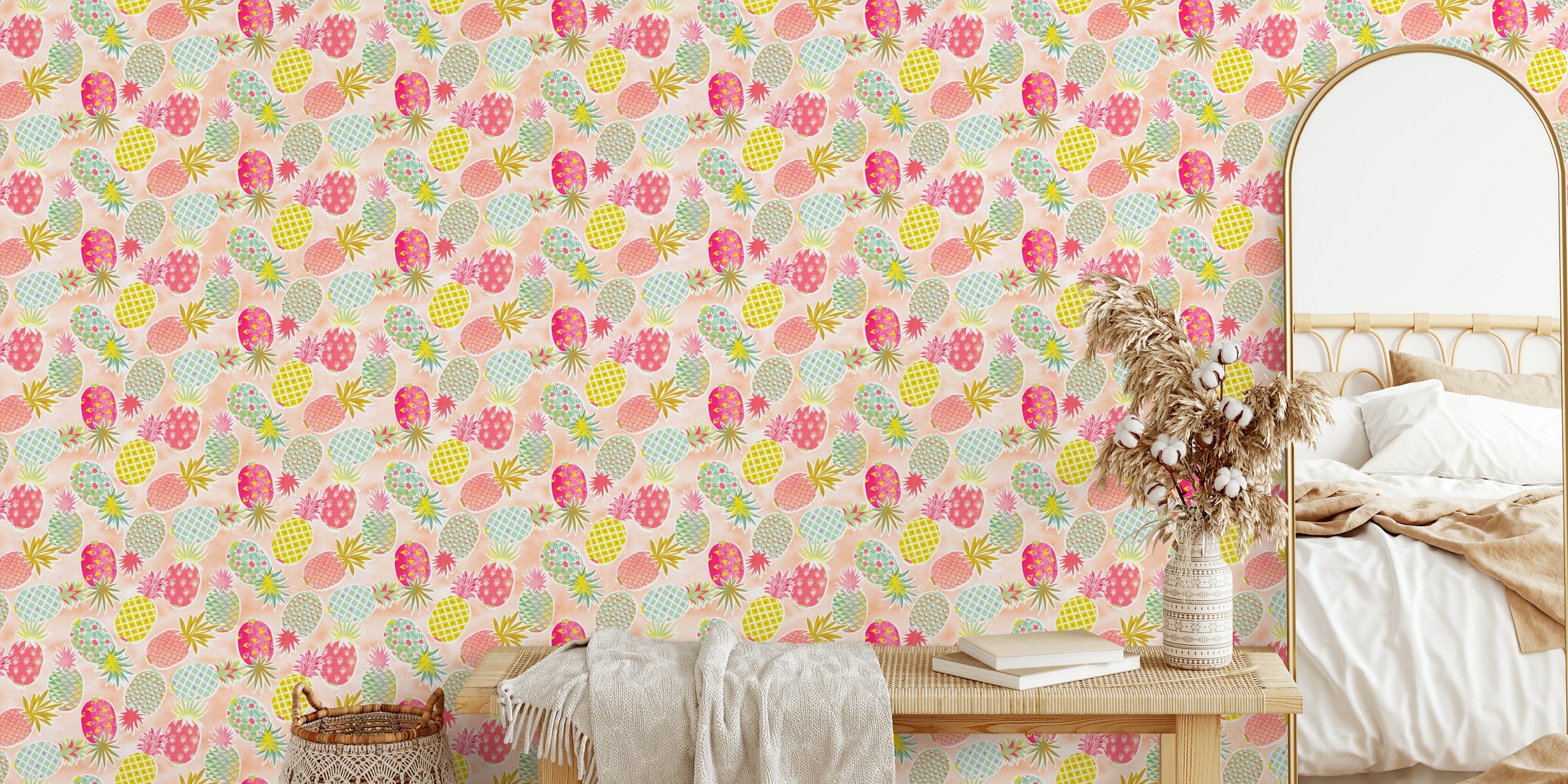 Pastel tropical pineapples wallpaper in a room