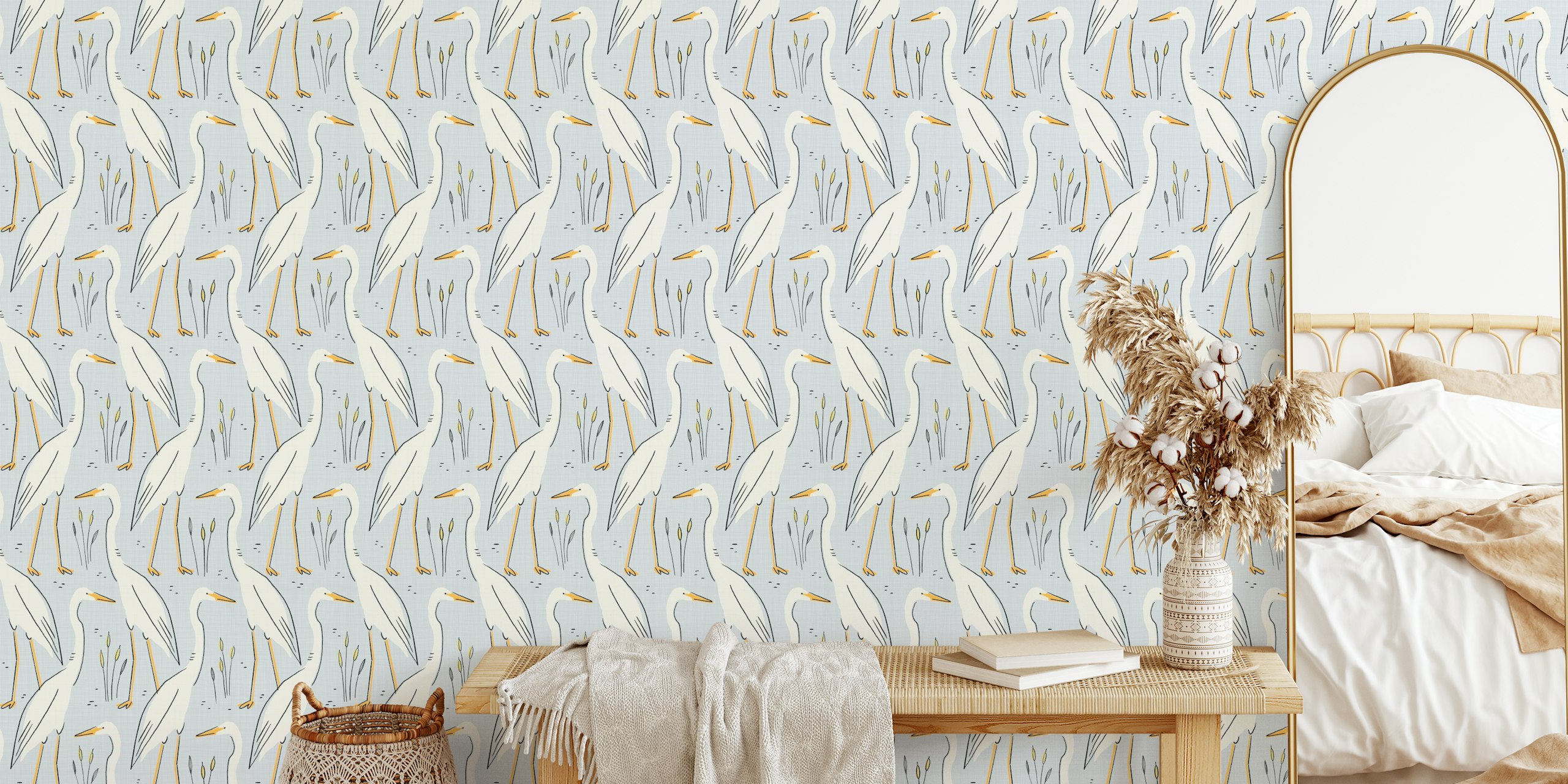 White herons among grass on soft blue background wallpaper