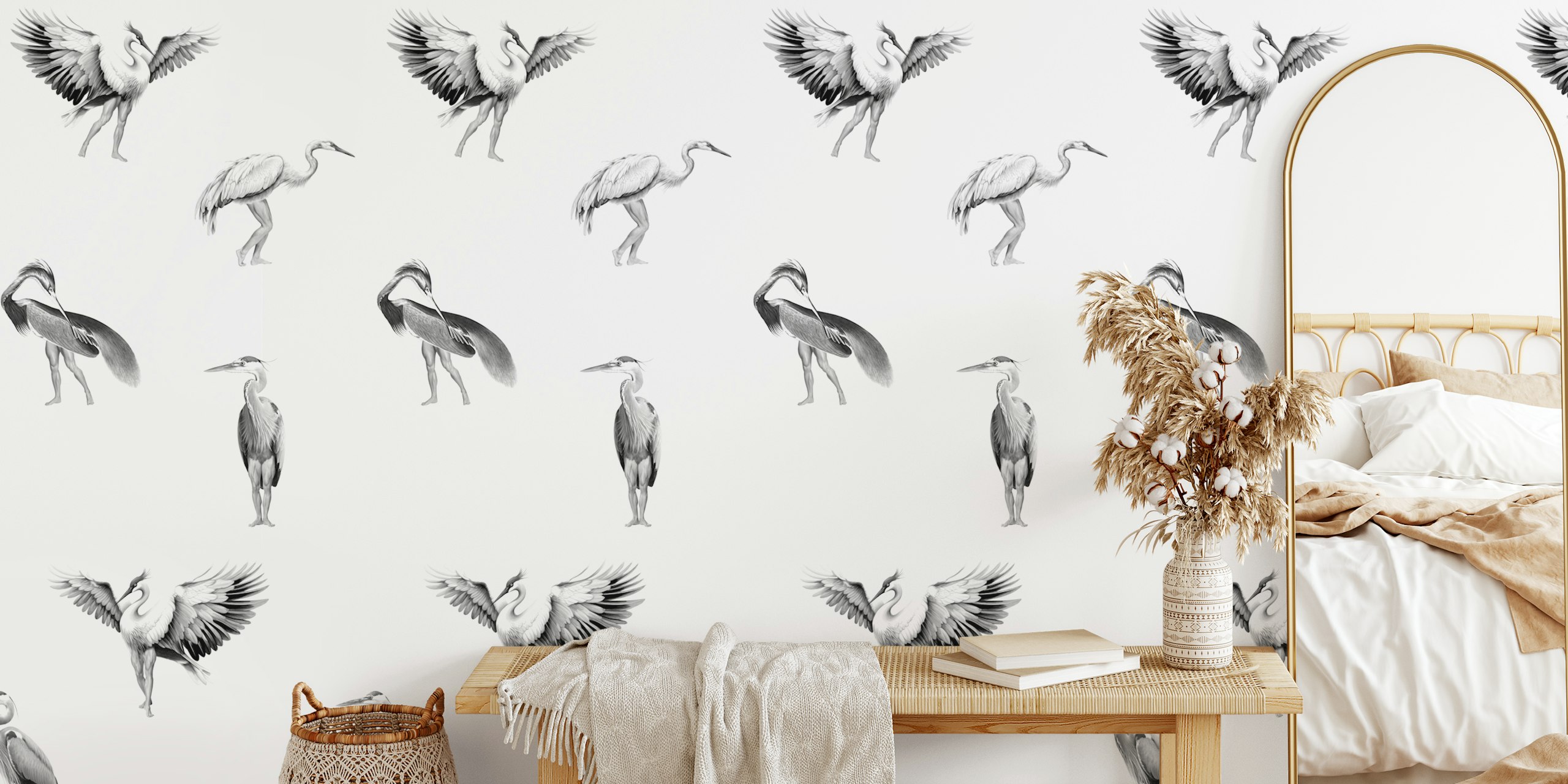 Crane Bird-boys grey wallpaper in a room