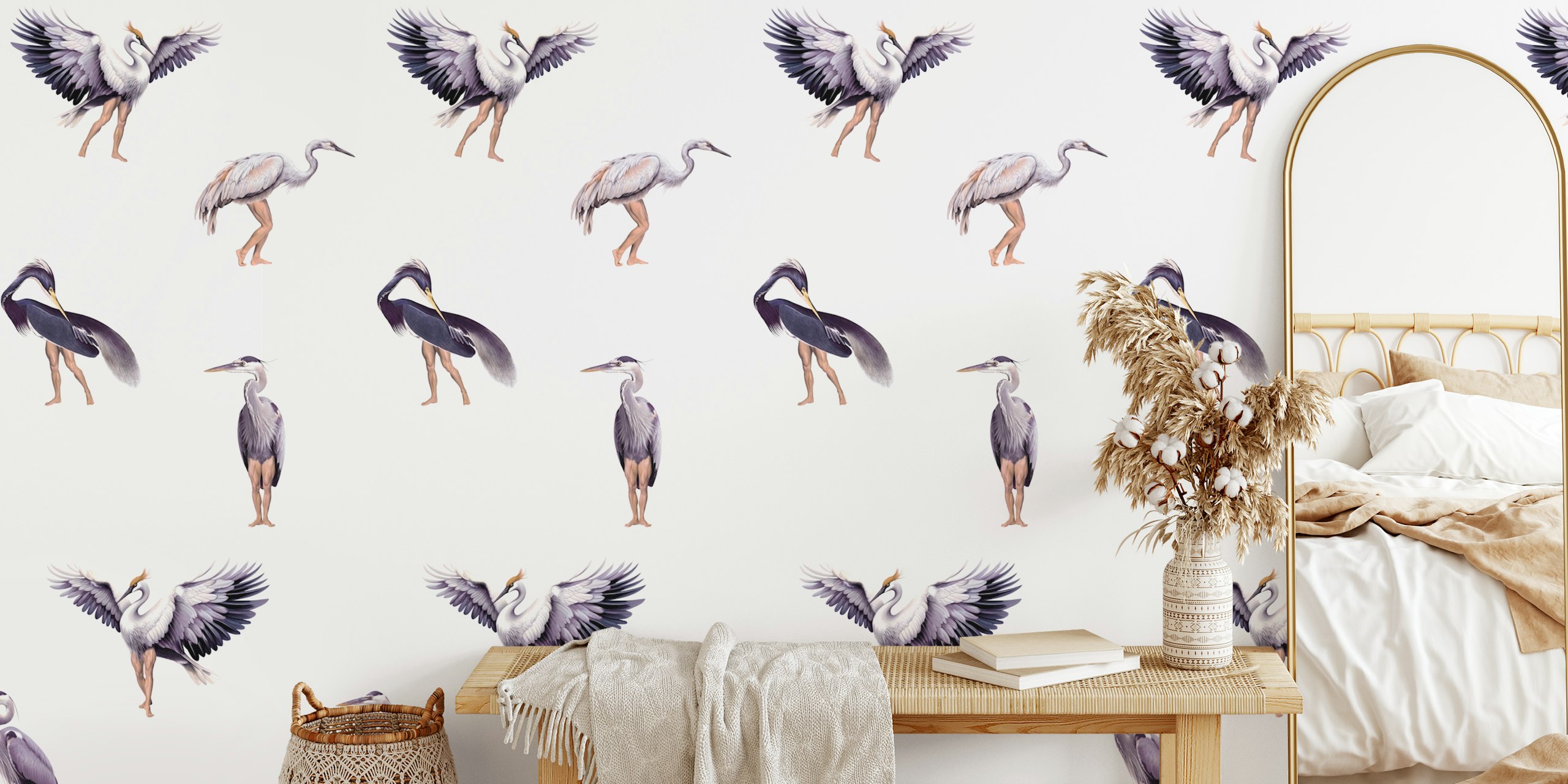 Elegant crane birds on pastel wallpaper design