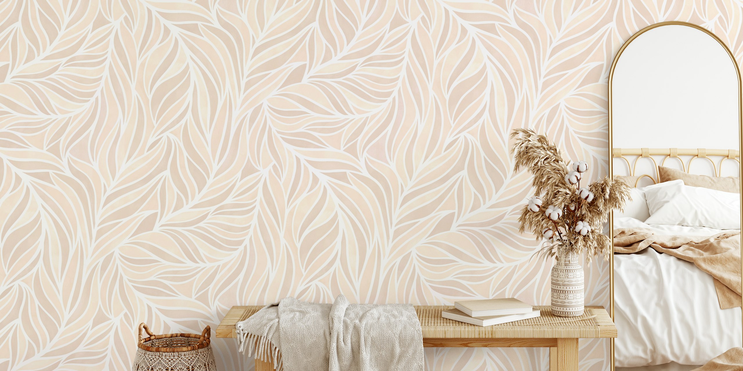 Papier peint mural à motifs de feuilles abstraits et minimalistes et chaleureux sur fond blanc cassé