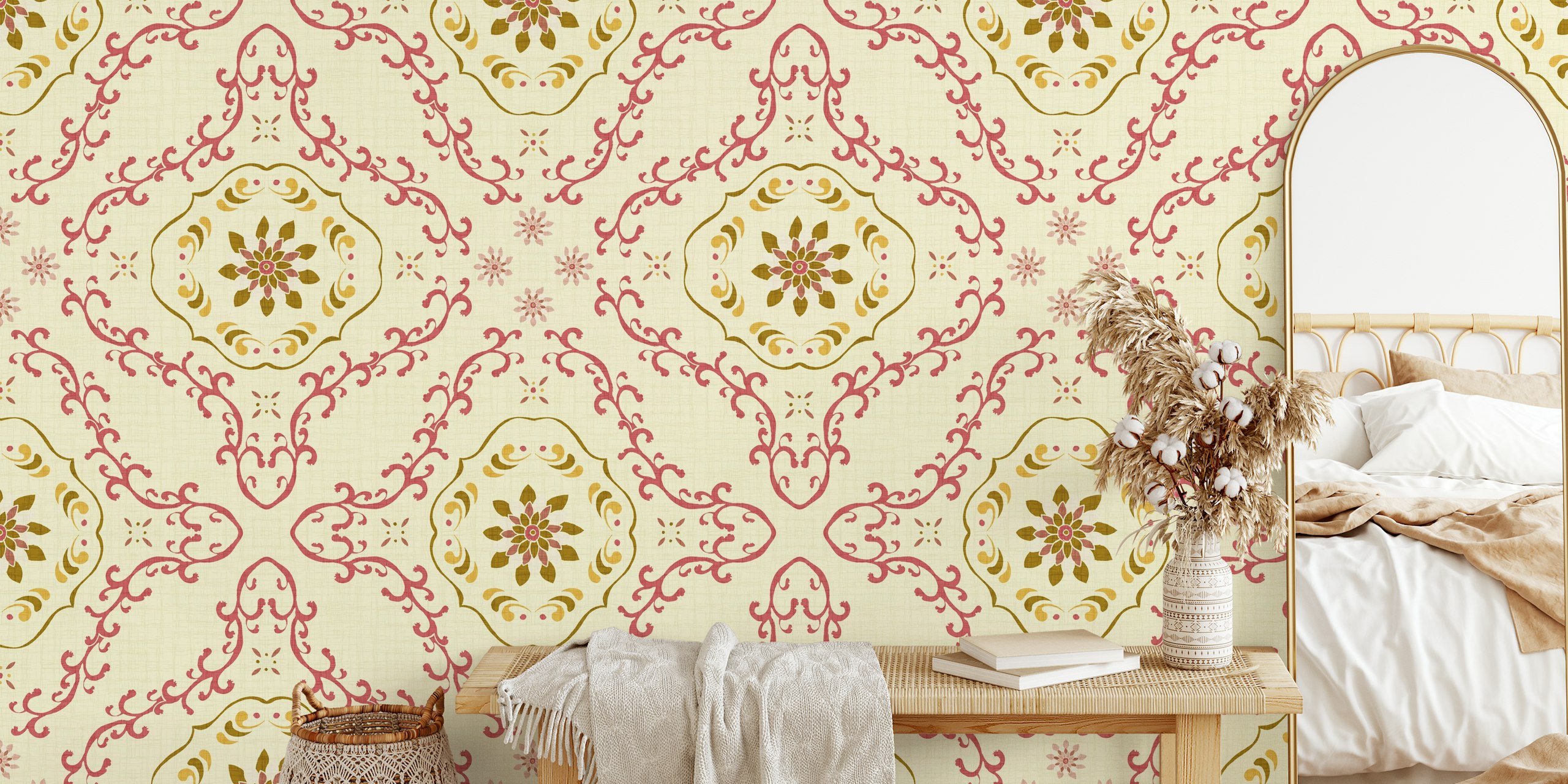 Vintage-inspired wall mural of floral tiles in pink and gold tones with olive accents on a cream background