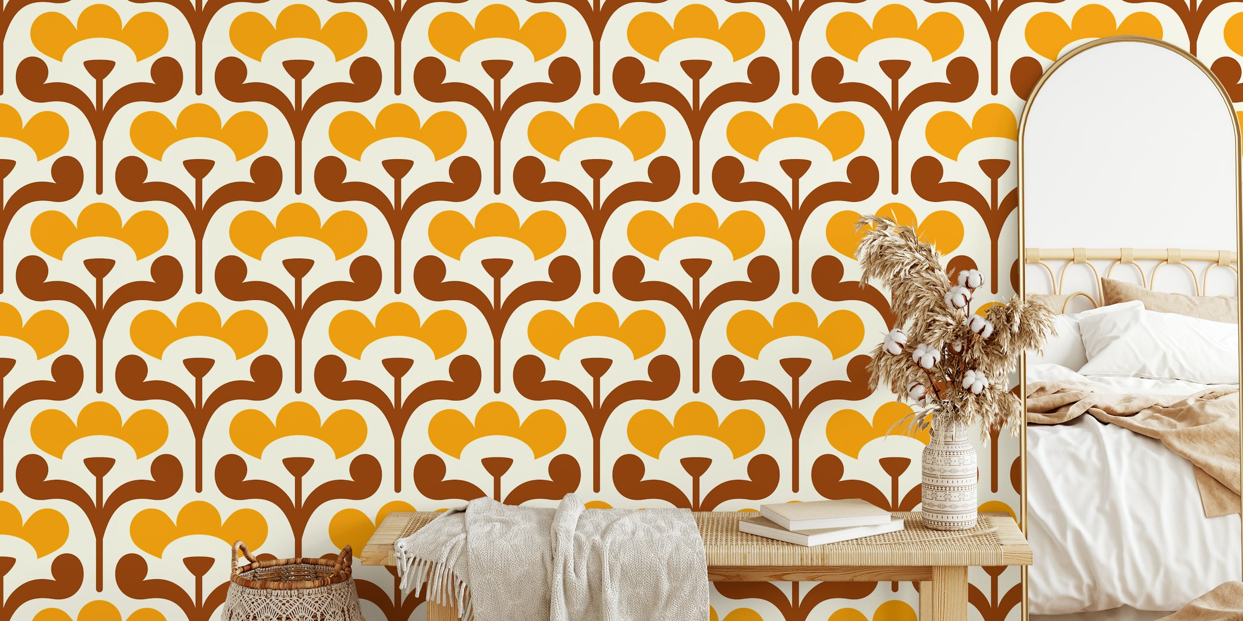 Retro blossoms pattern gul tapet i et rom
