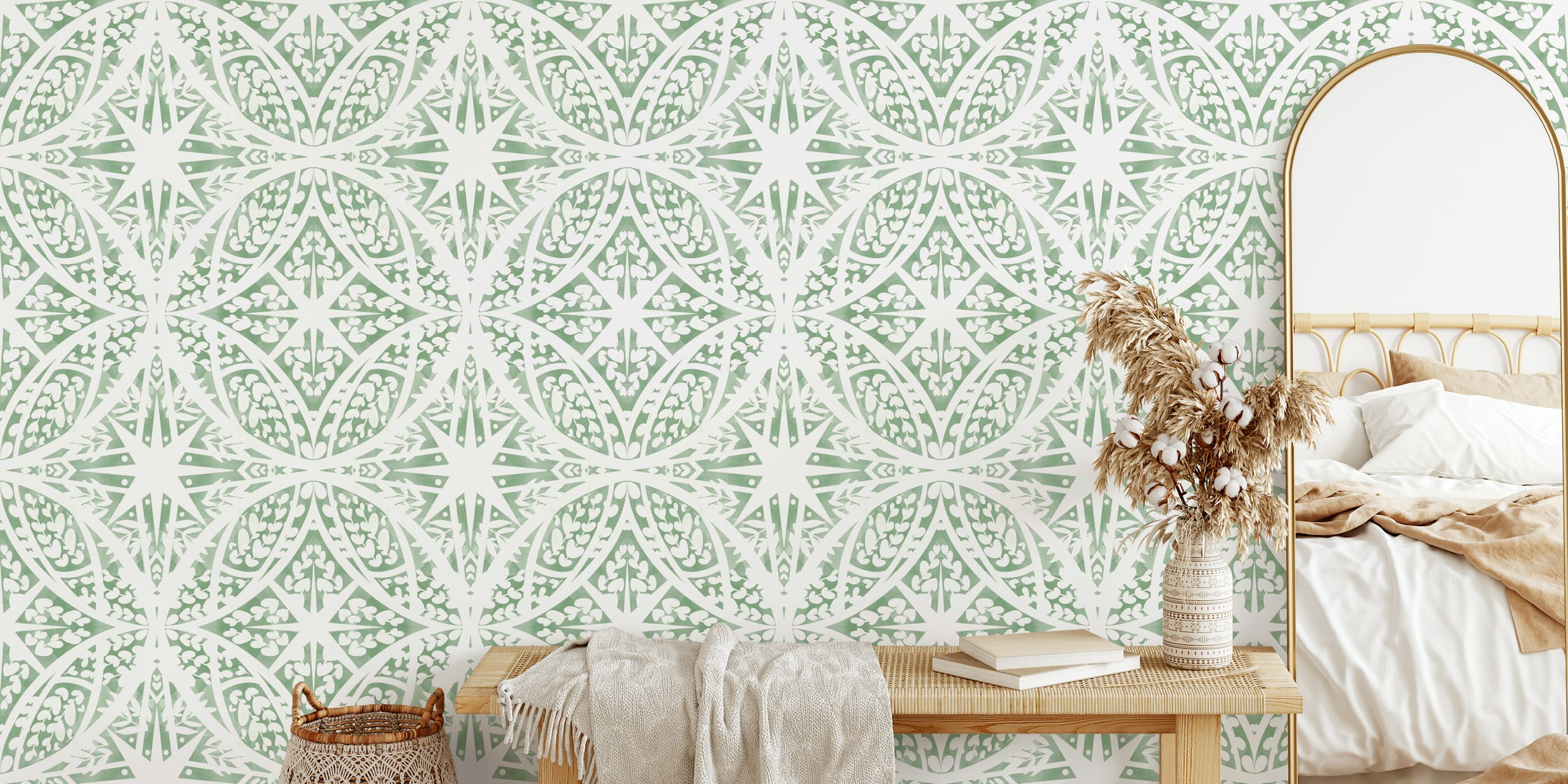 Tile Circular Leaves G wall mural with soft green leaf patterns