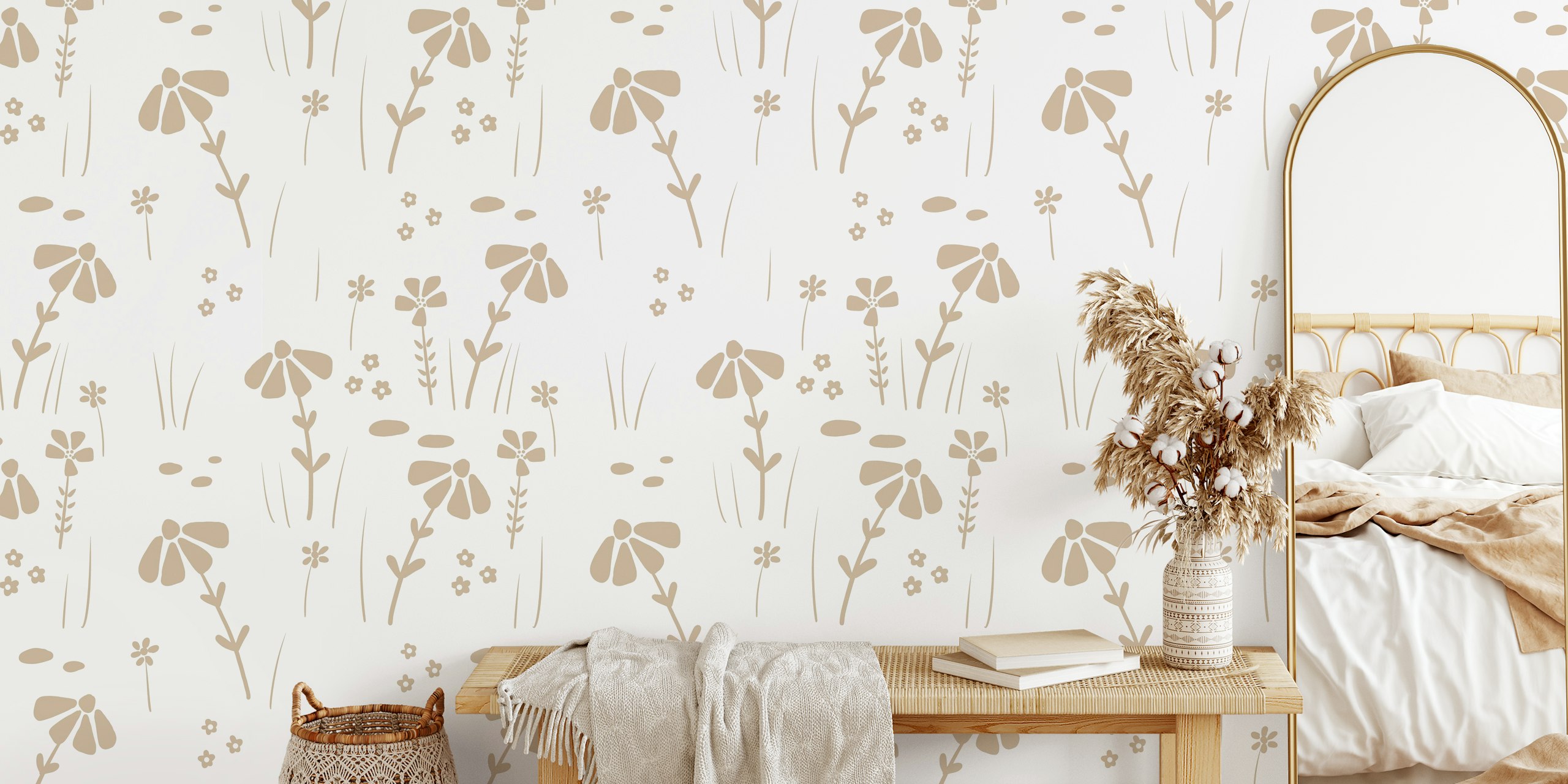 Beige wildflowers and simple florals on white background wallpaper