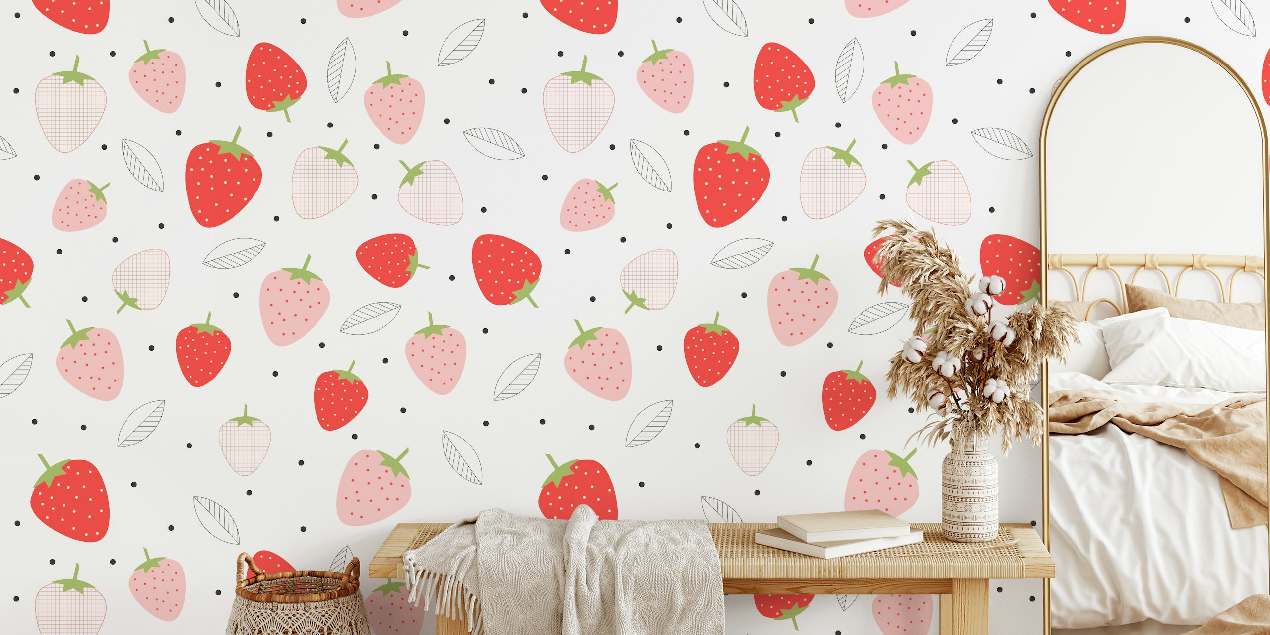Red and pink strawberries with leaves on cream background wallpaper