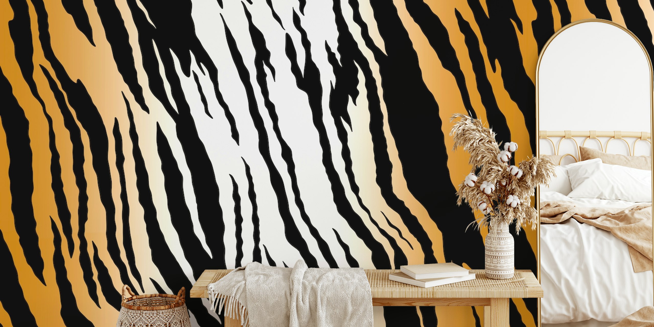 Veggmaleri med tigerstripemønster i svart, rav og krem