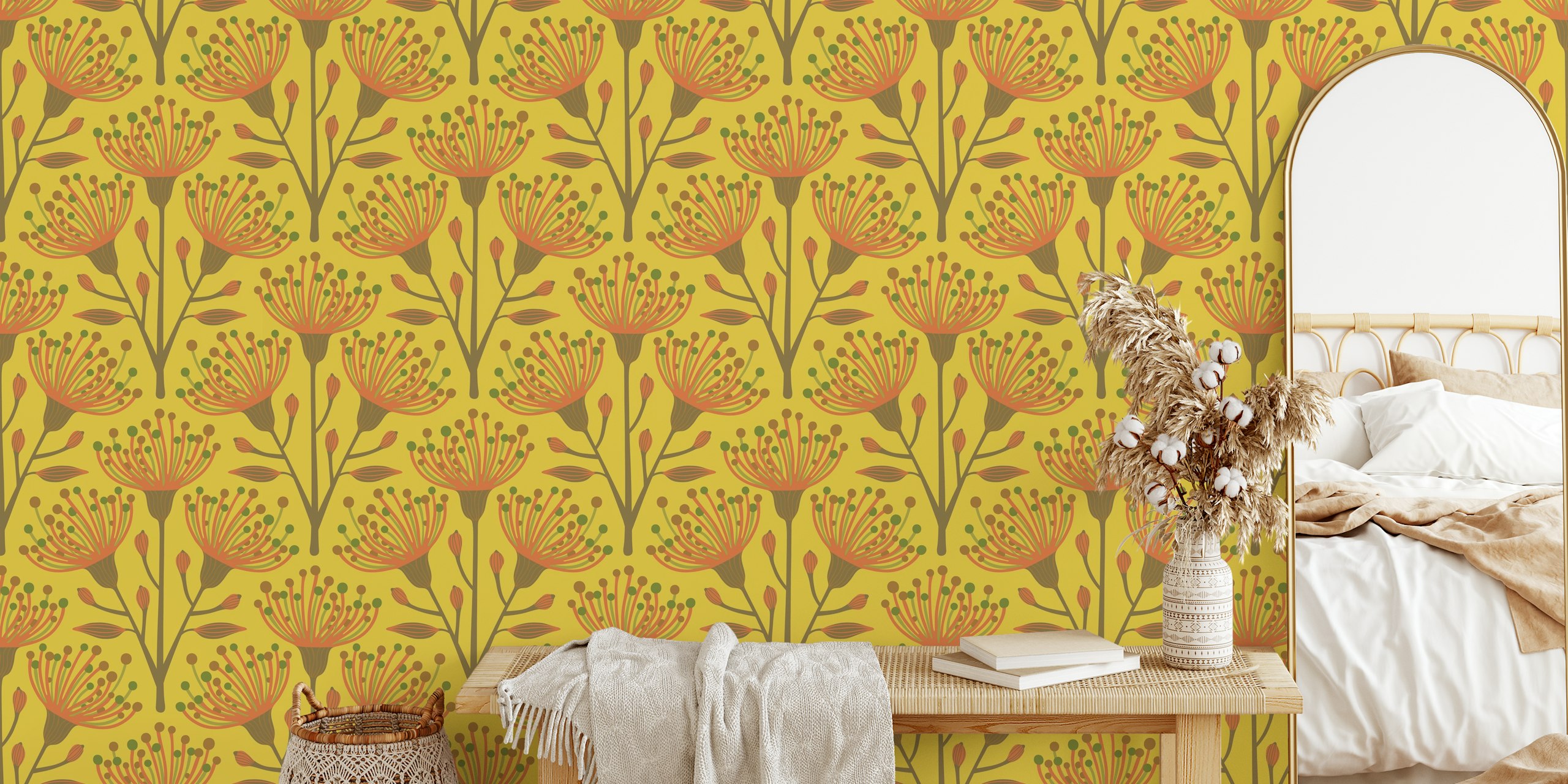 Eucalyptus floral wallpaper in mustard yellow