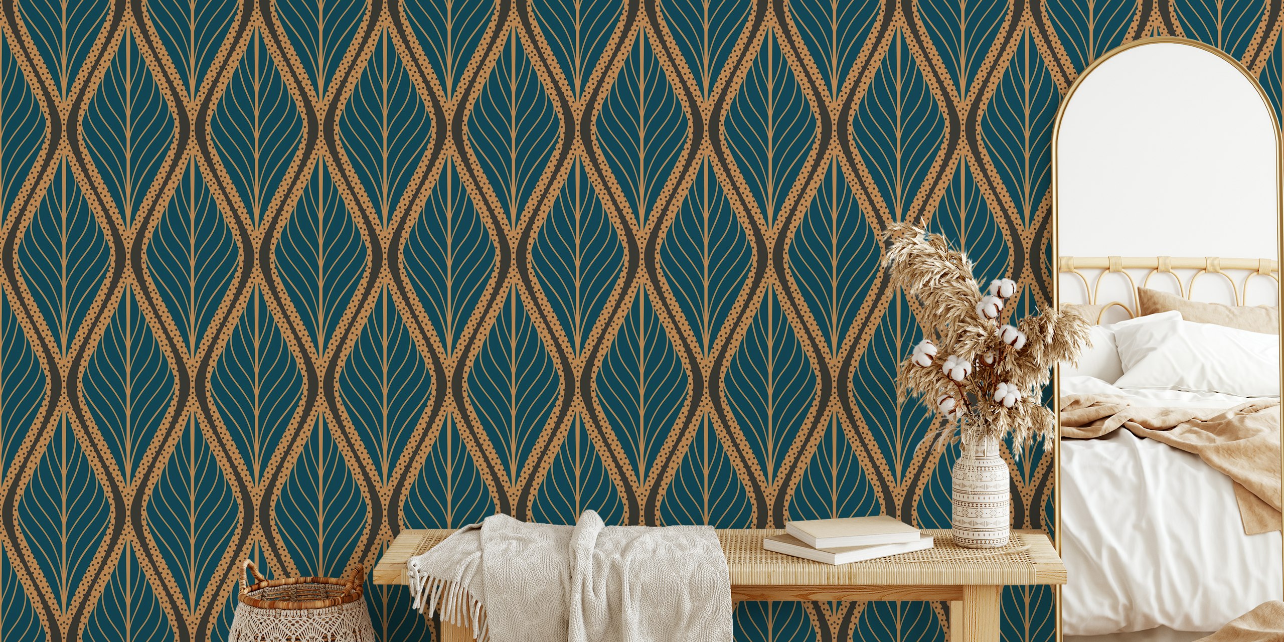 Abstraktní fototapeta se vzorem Art Deco Leaves Teal