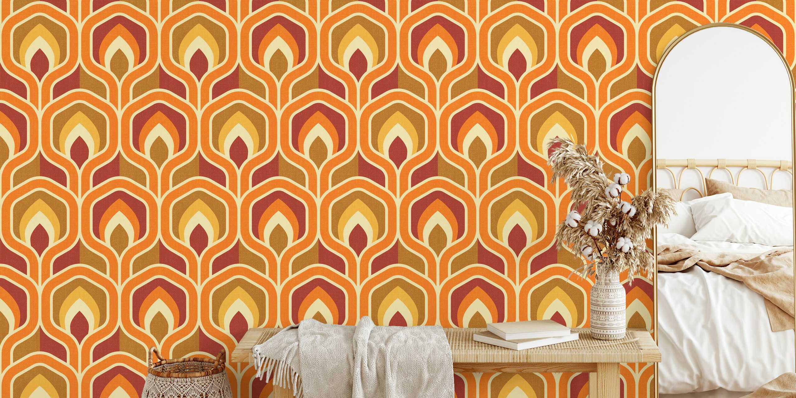 Motifs rétro orange, jaune et marron sur un papier peint mural