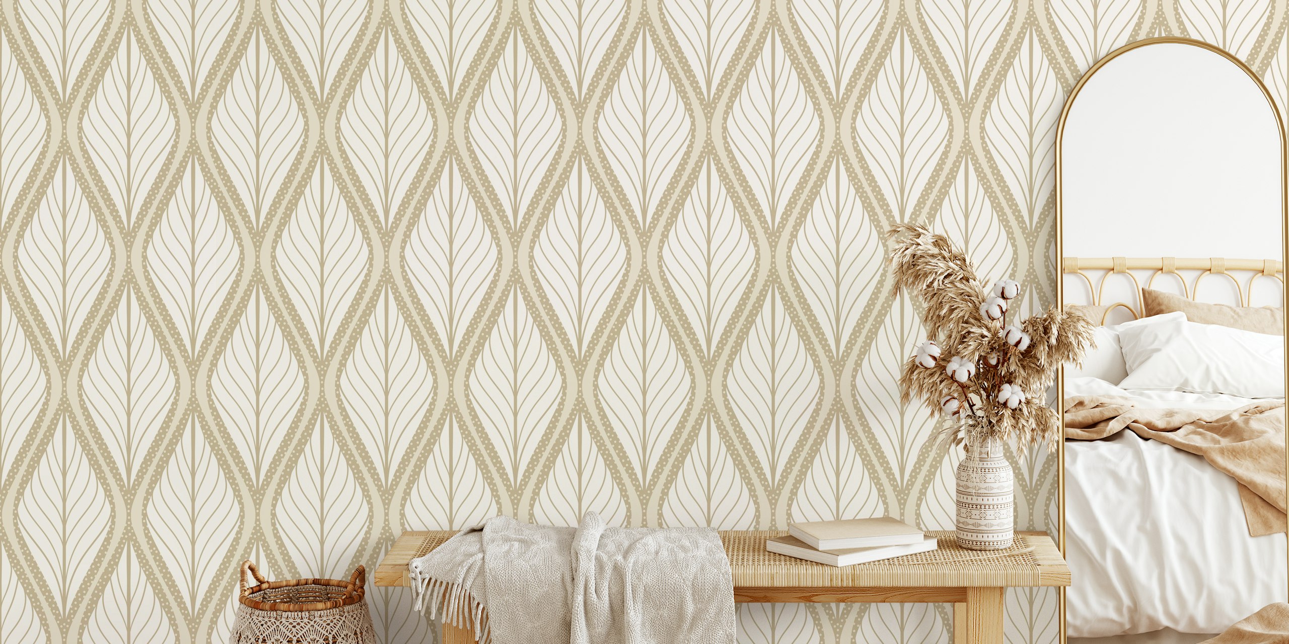 Abstract art deco style leaves in light neutral tones wall mural