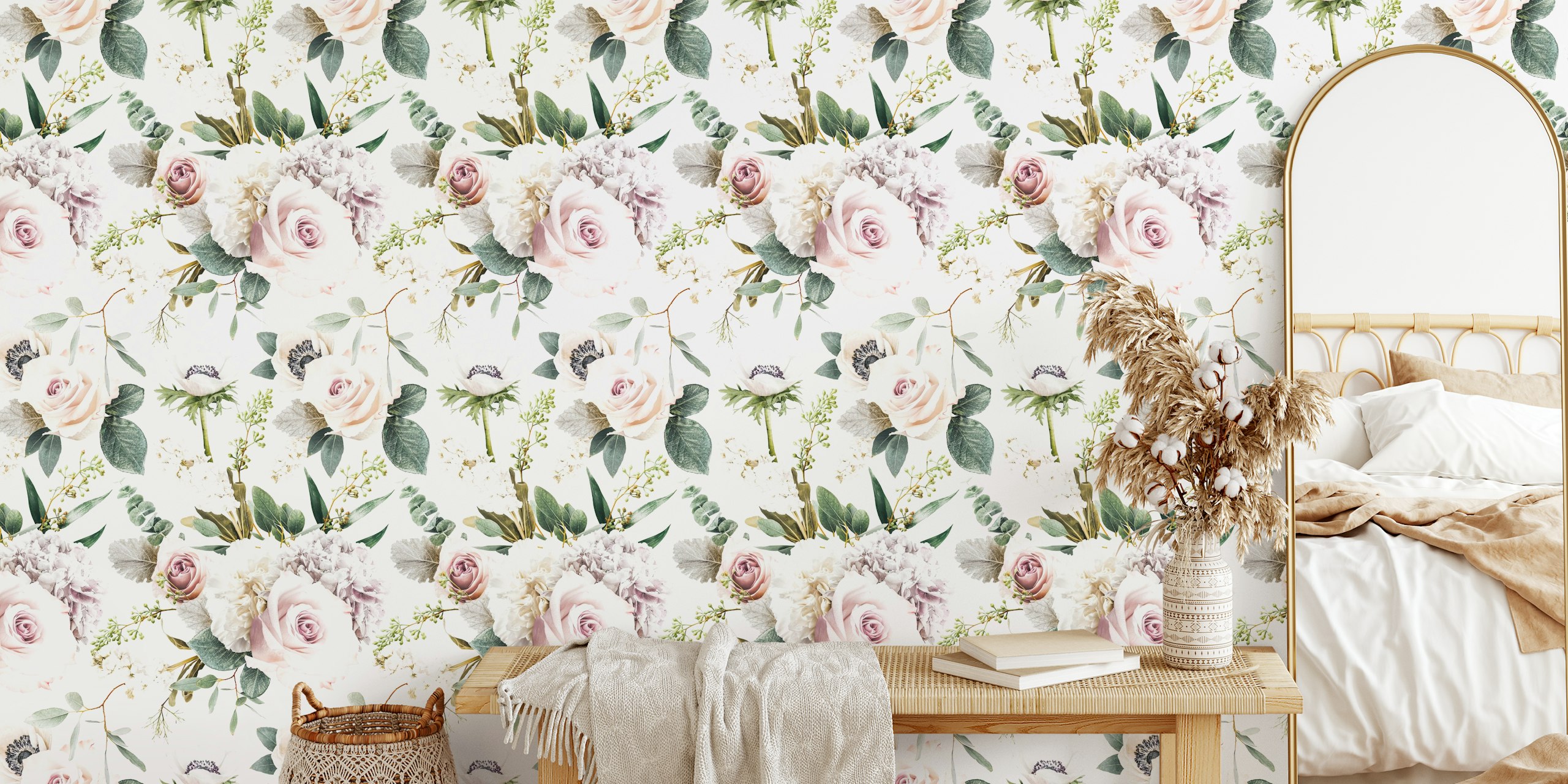 Pink and white roses with green leaves floral wallpaper