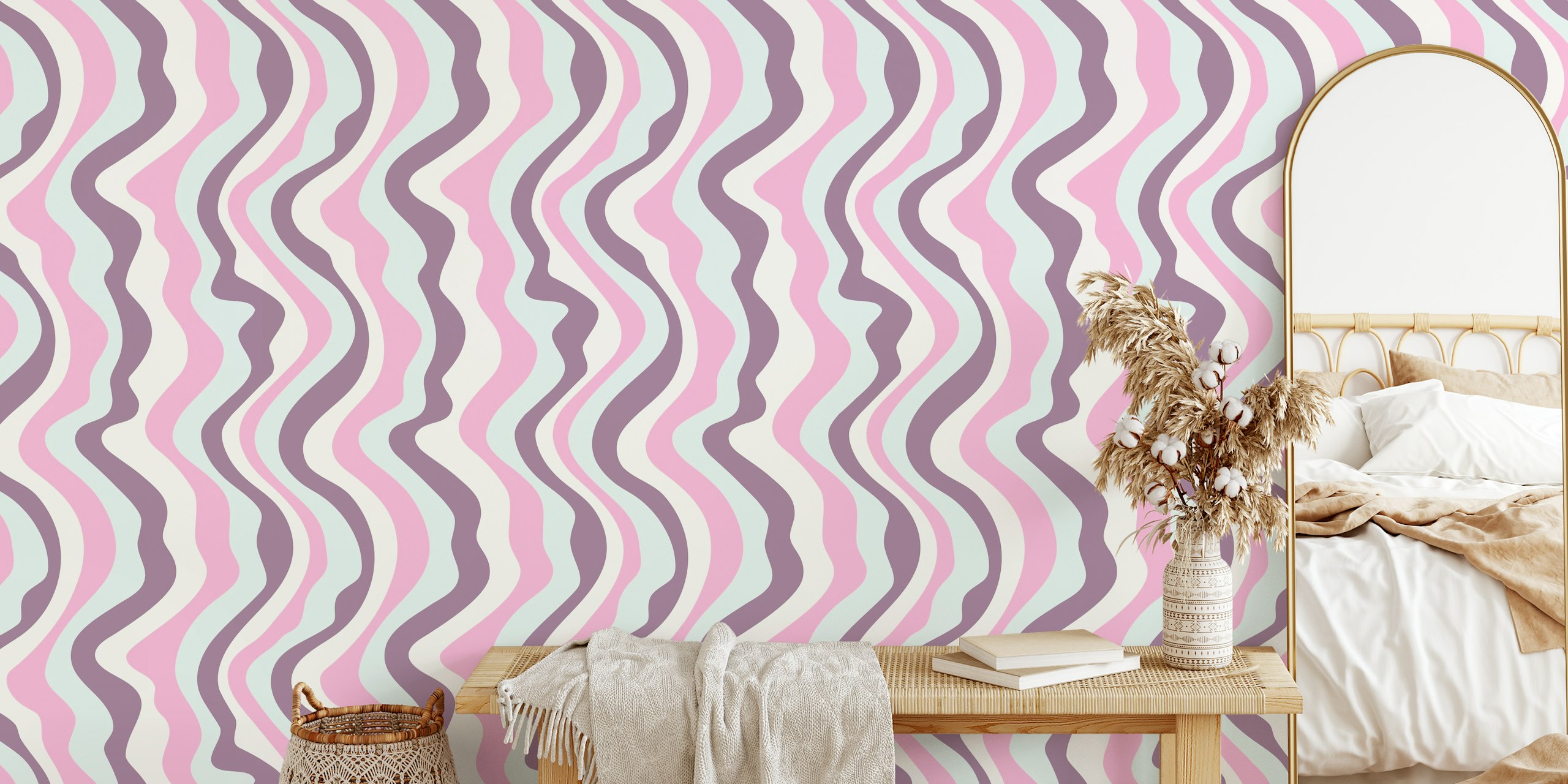 Wavy stripes in pastel pink, plum, and mint green wallpaper