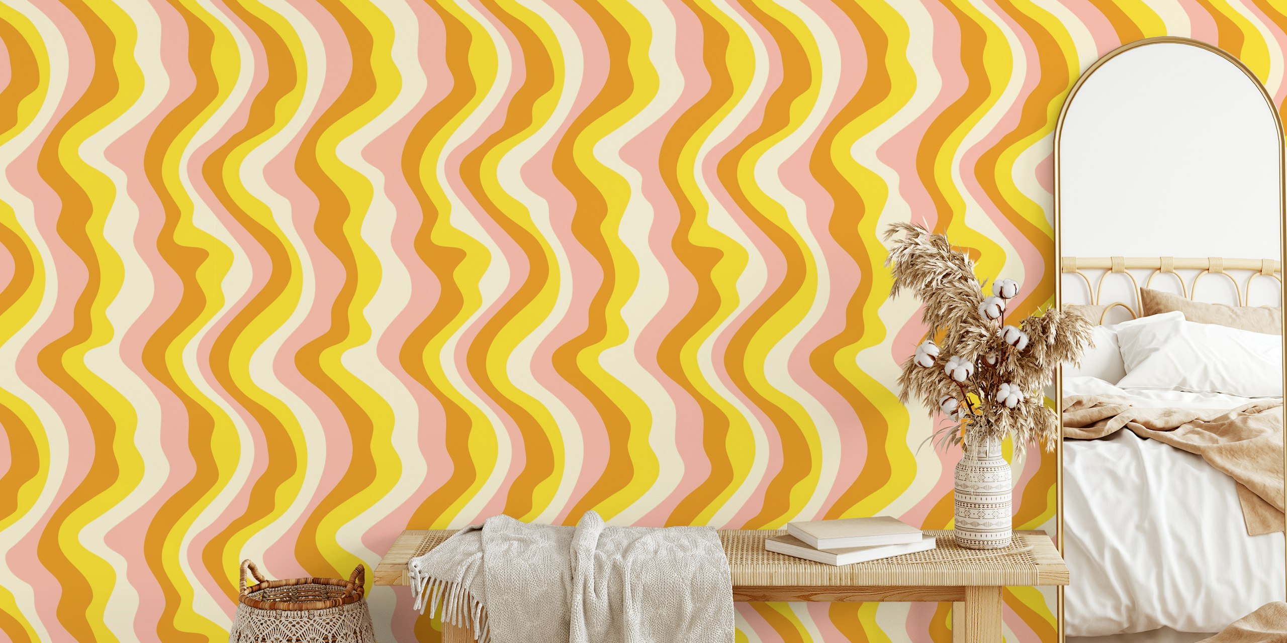 Mod Wavy Stripes wall mural in pink and yellow