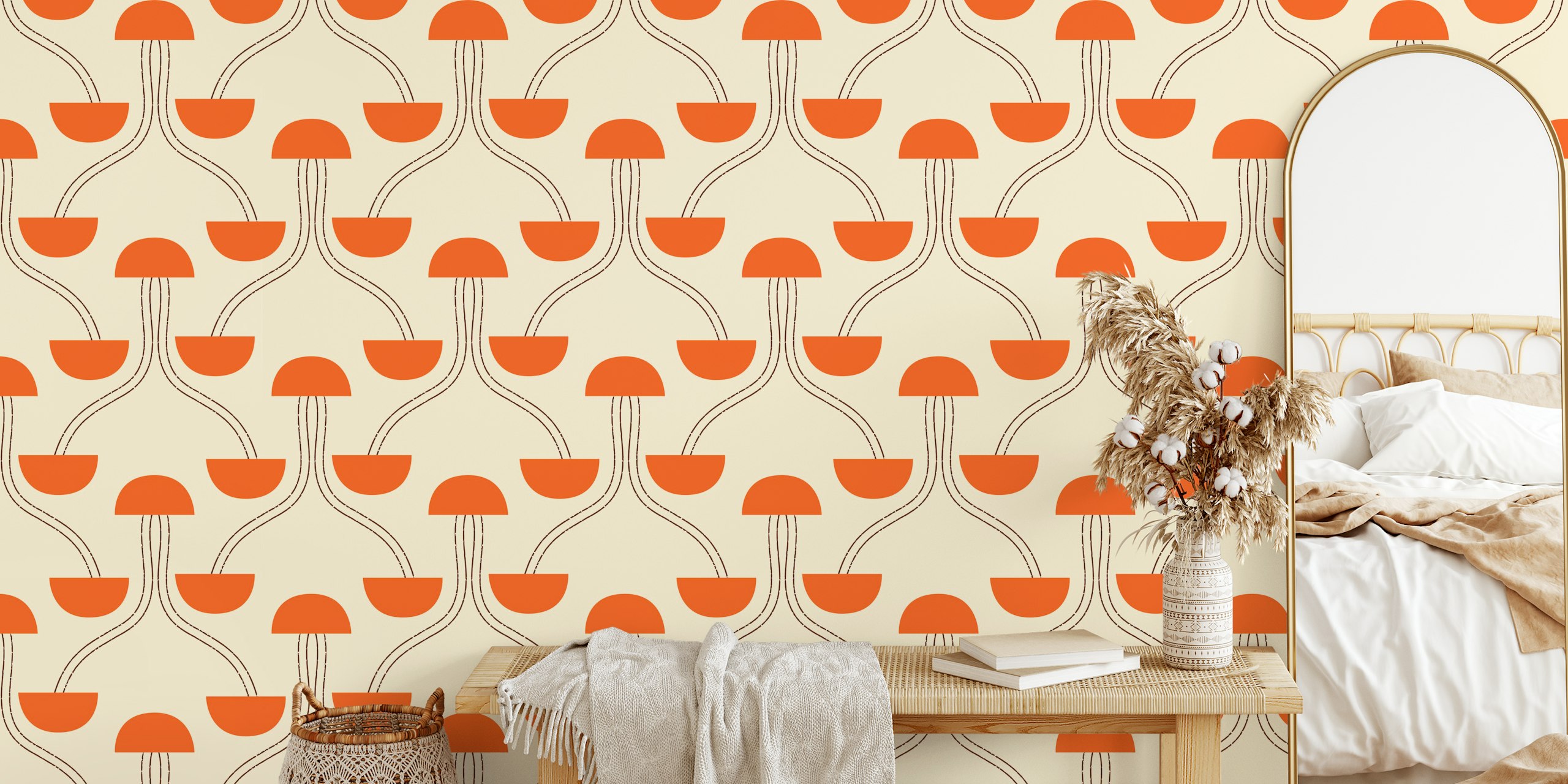 Mid-century modern beige wallpaper with orange pod shapes and lines