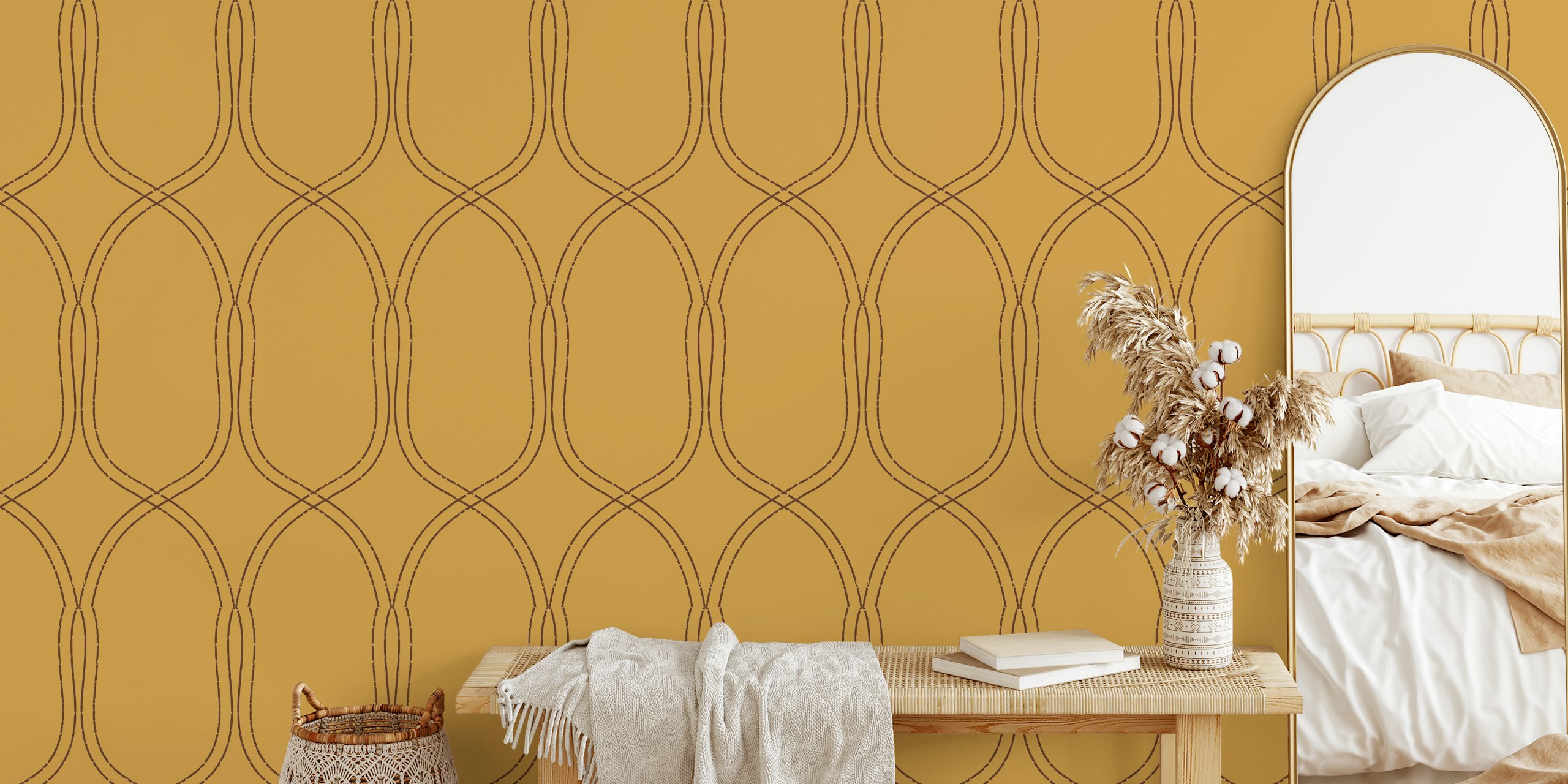Papel pintado Mindfulness Zen Damask Yellow en una habitación