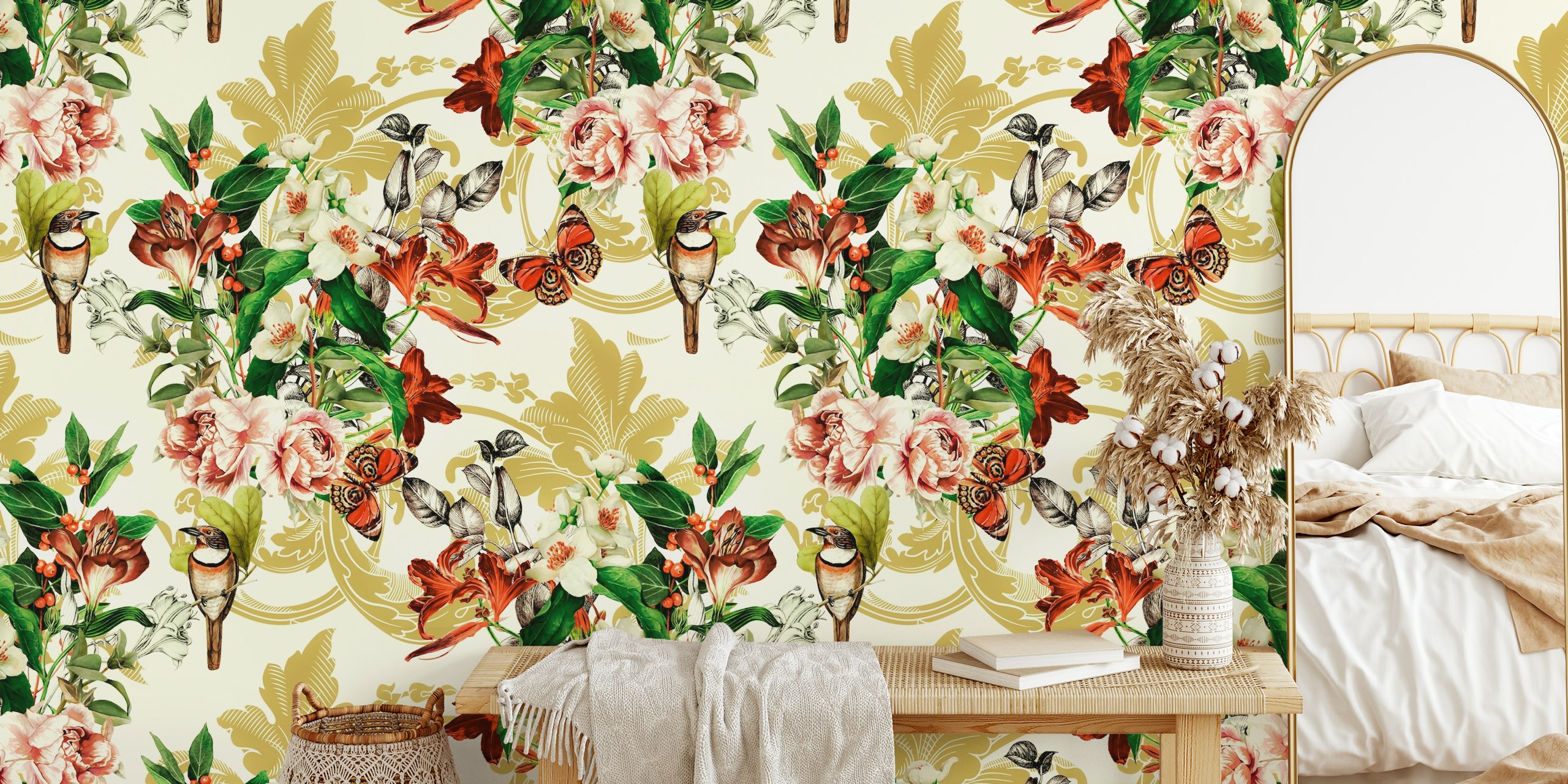 Floral wallpaper with birds, flowers, and butterflies in vibrant colors