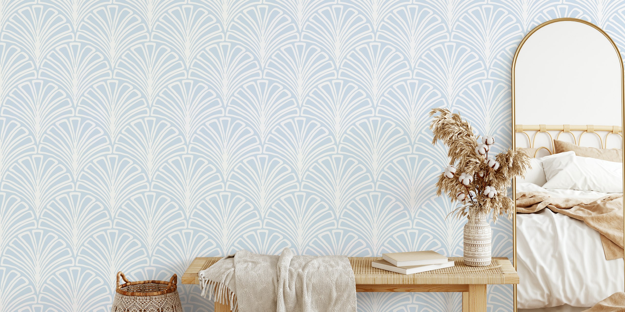 Scallop pattern in blue and white wallpaper