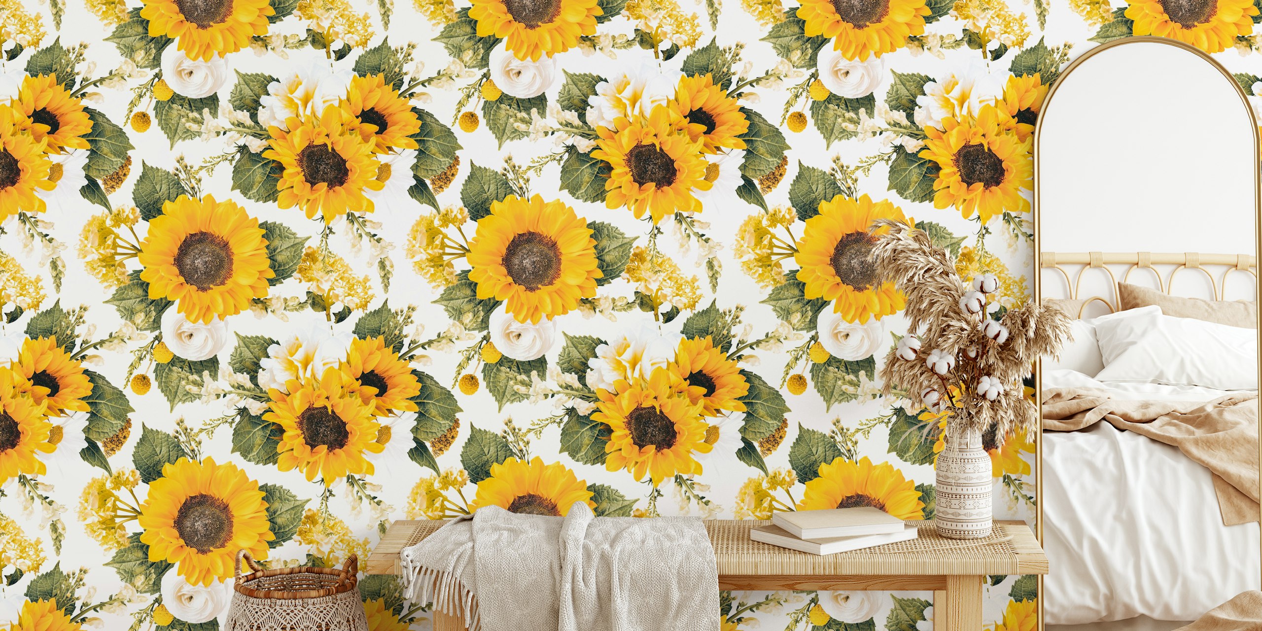 Lyse solsikker og hvite blomsterveggmalerier