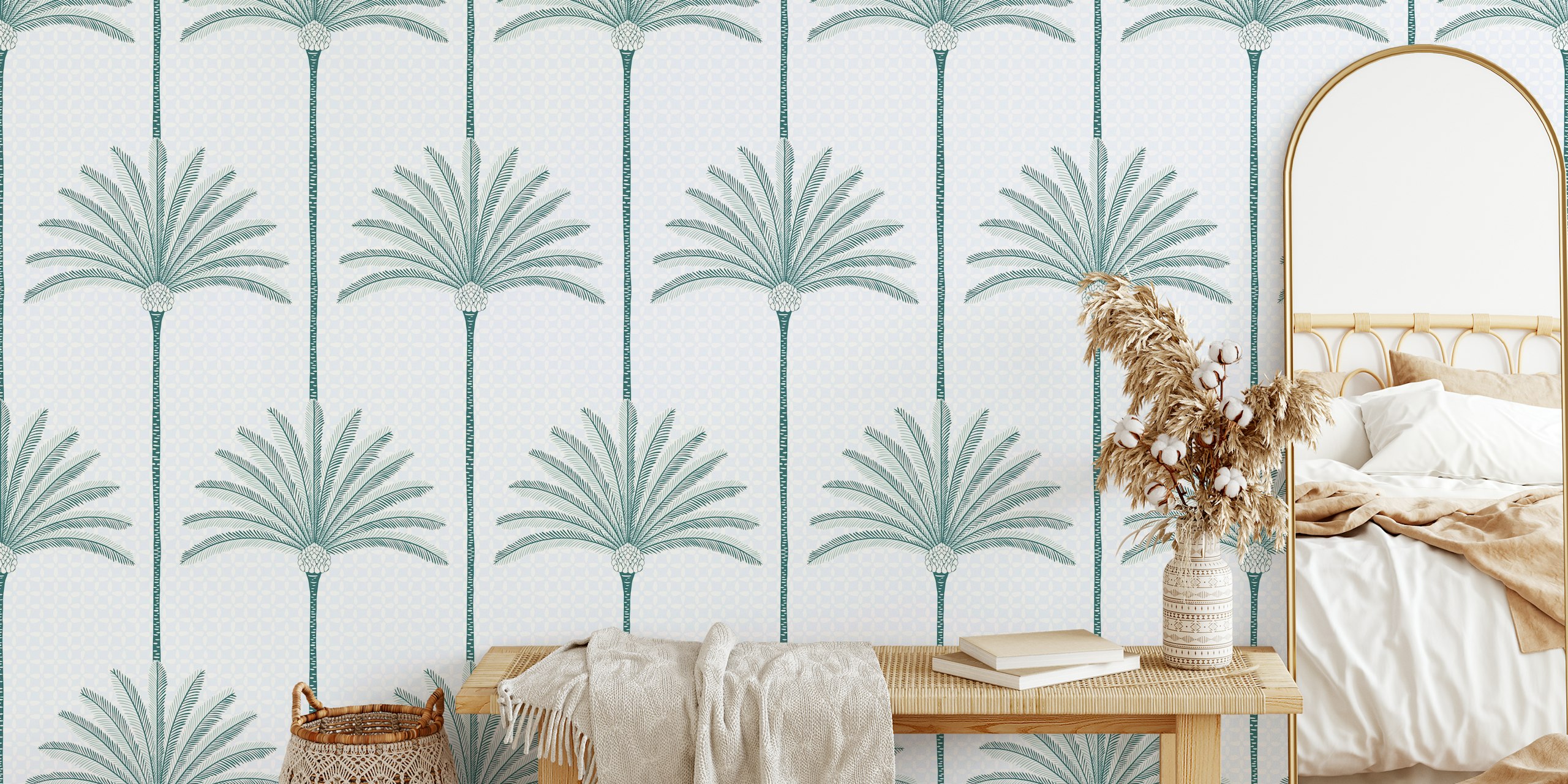 Tapeta Palm Stripes teal u sobi