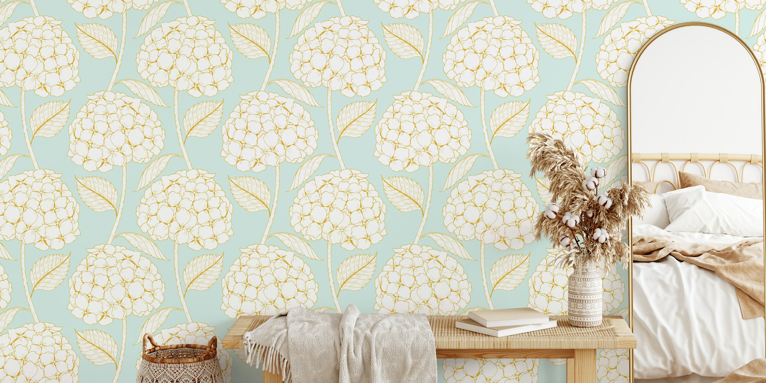 white hydrangea flowers on powder blue Tapete