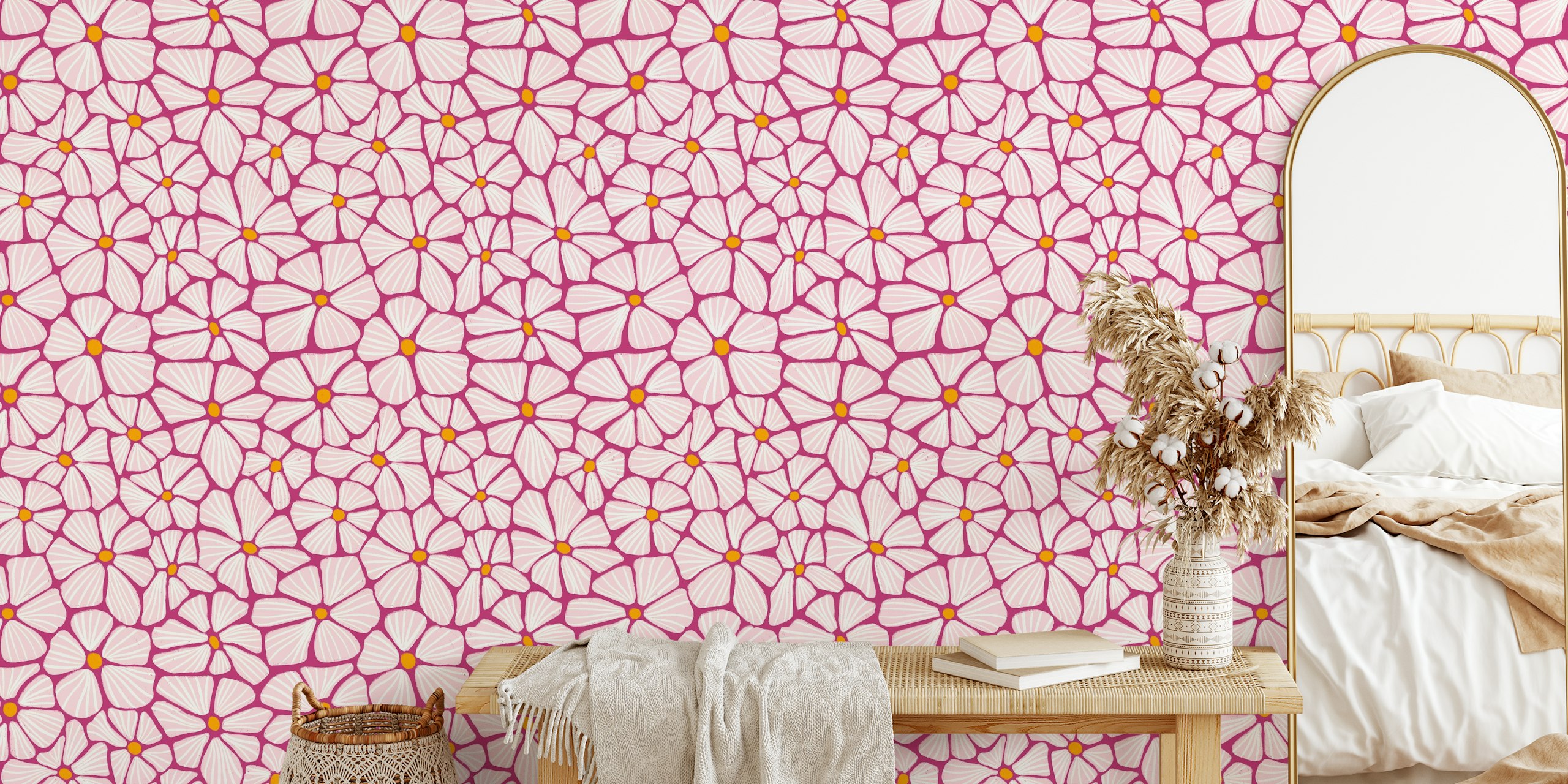 Pink and white floral pattern on berry background wallpaper