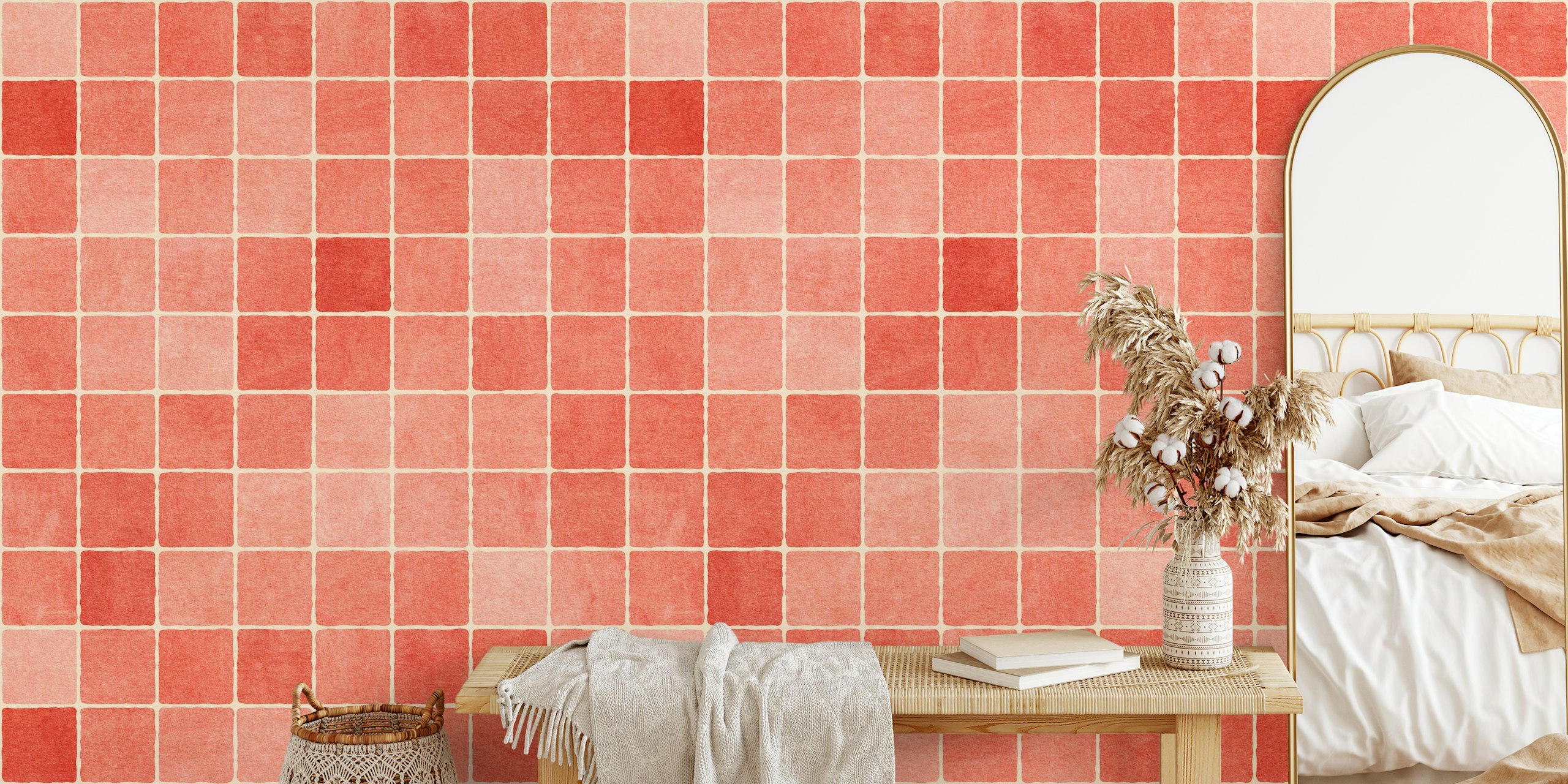 Red mosaic patterned wallpaper featuring small squares