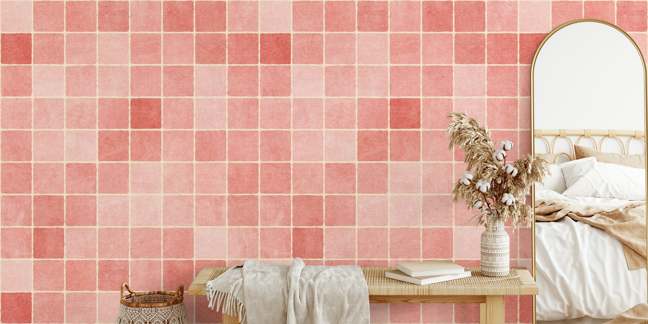 Peach mosaic patterned wallpaper in soft hues