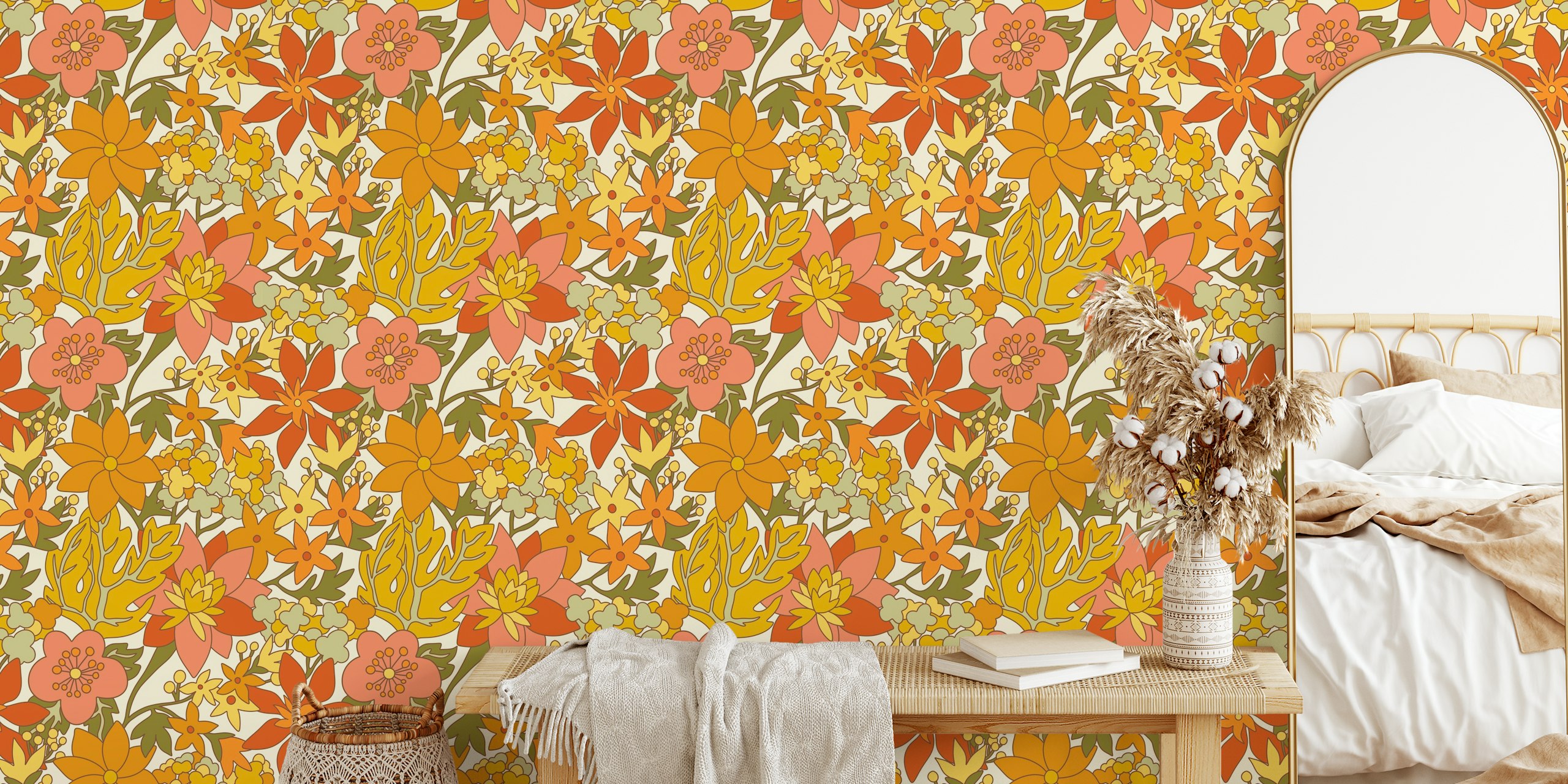 Retro floral wallpaper design displayed in a room