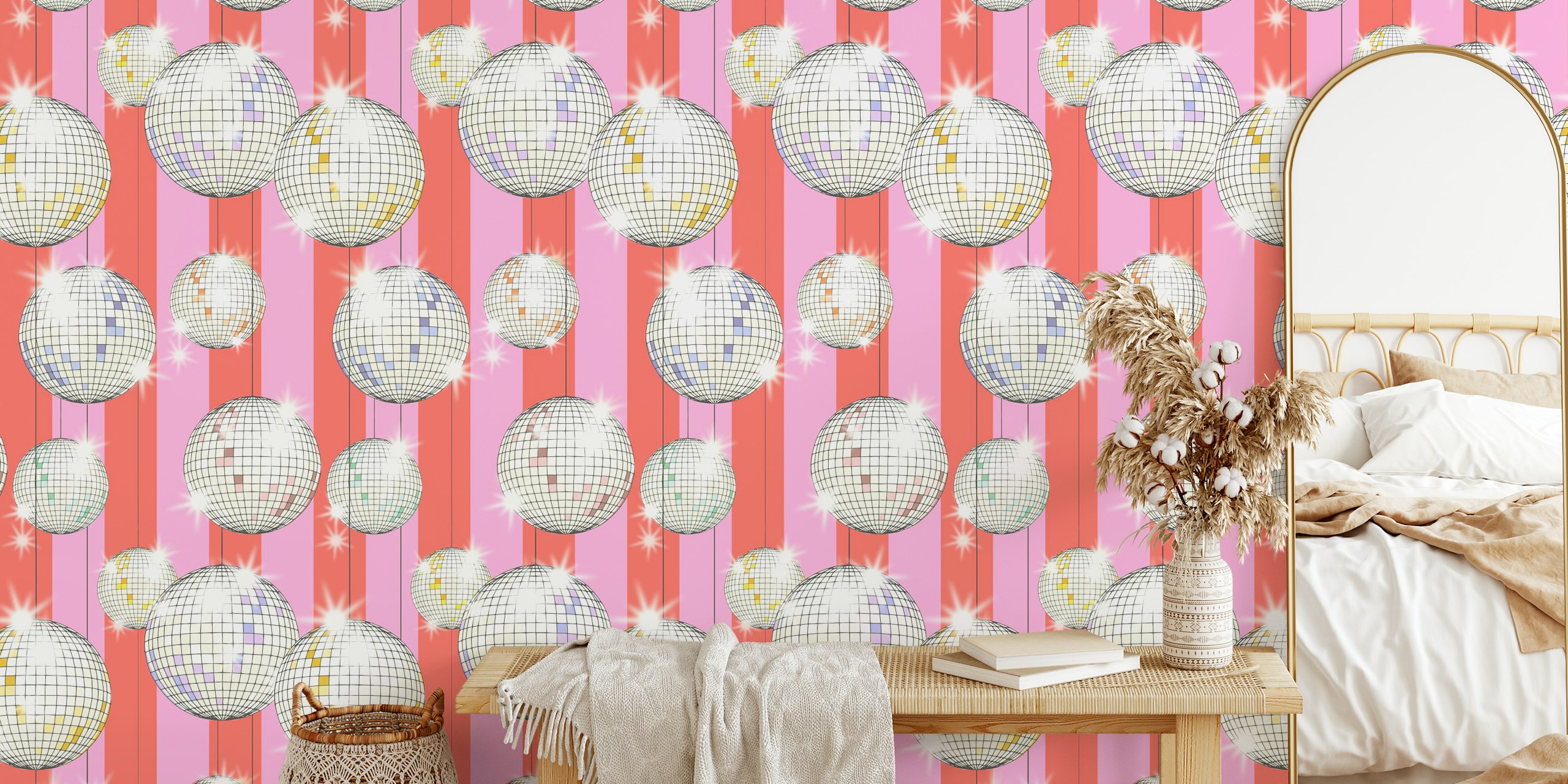 Pink striped wallpaper featuring disco balls in shiny silver
