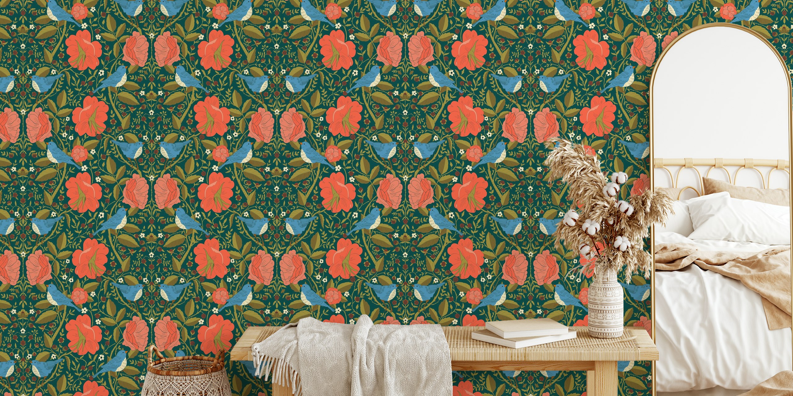 Floral wallpaper featuring blue birds and red flowers on a green background