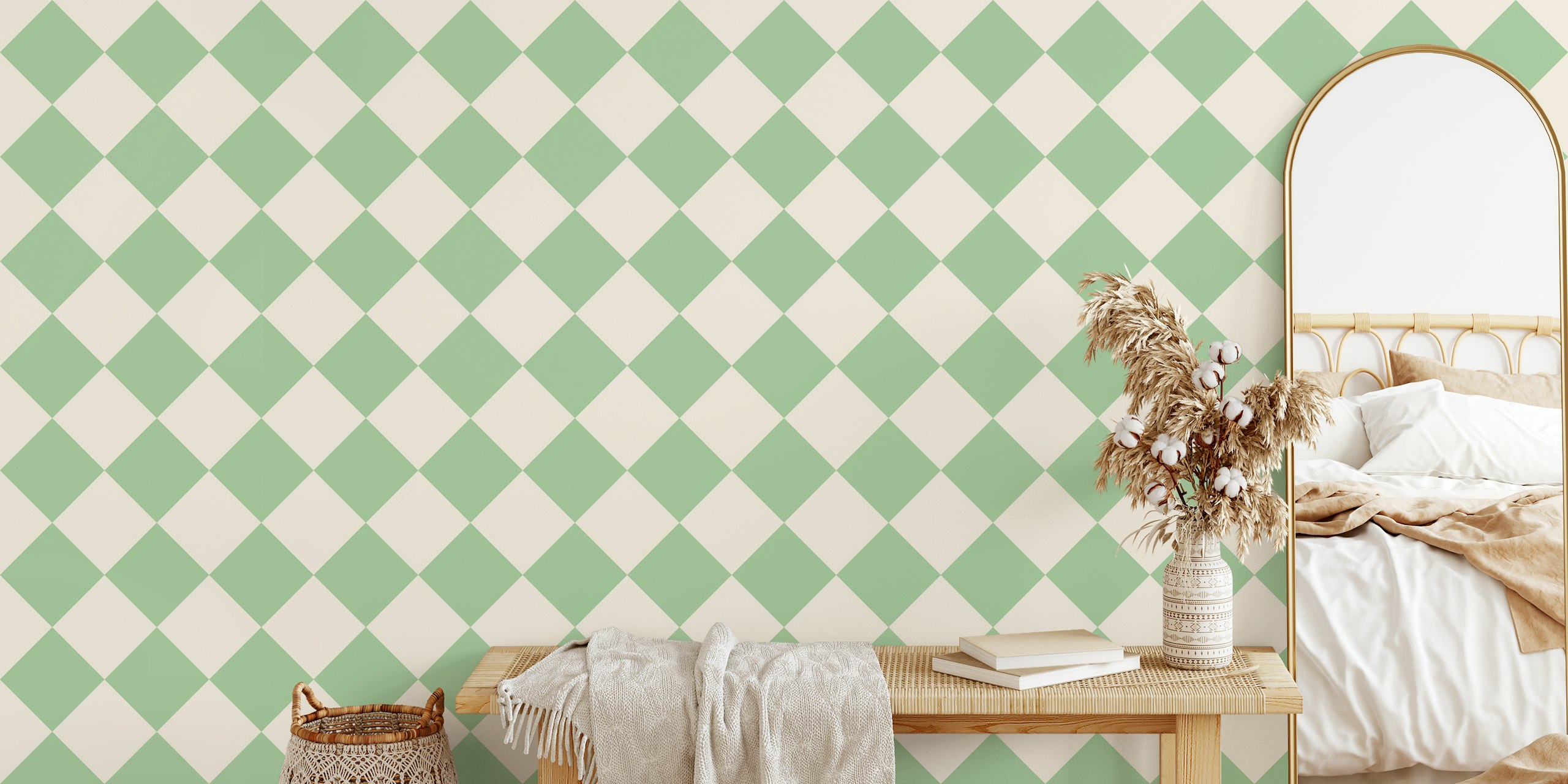 Tapeta Diagonal Checkerboard w vintage zielonym i beżowym