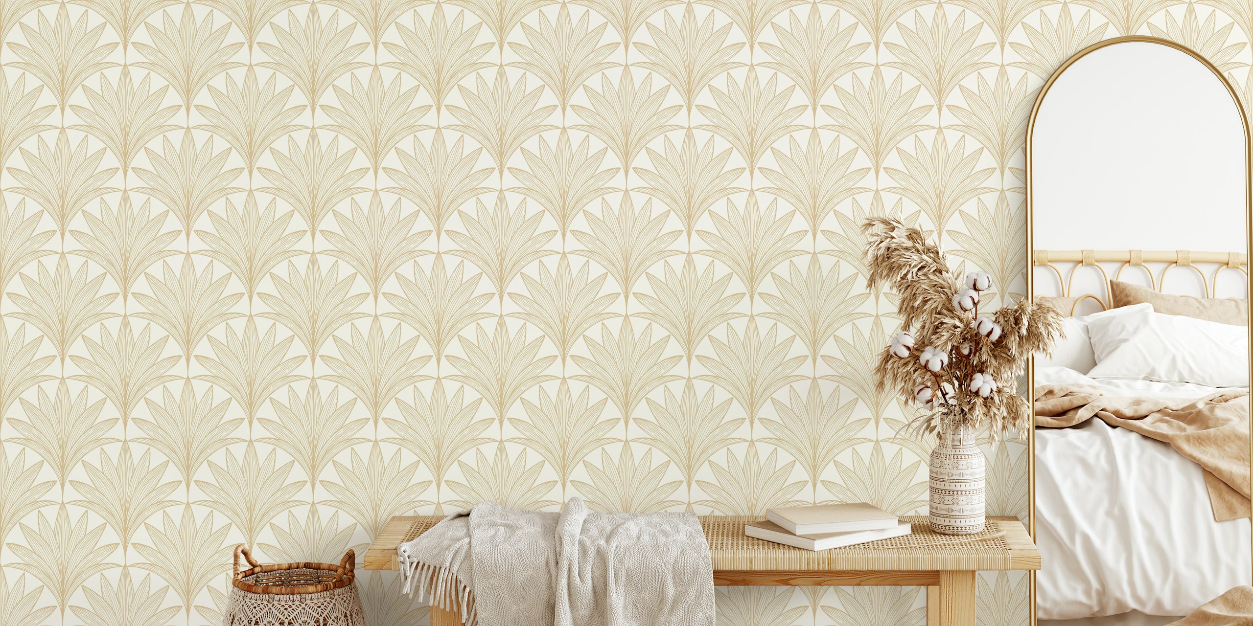 Carta da parati Art Deco Palm Leaf in beige e cream
