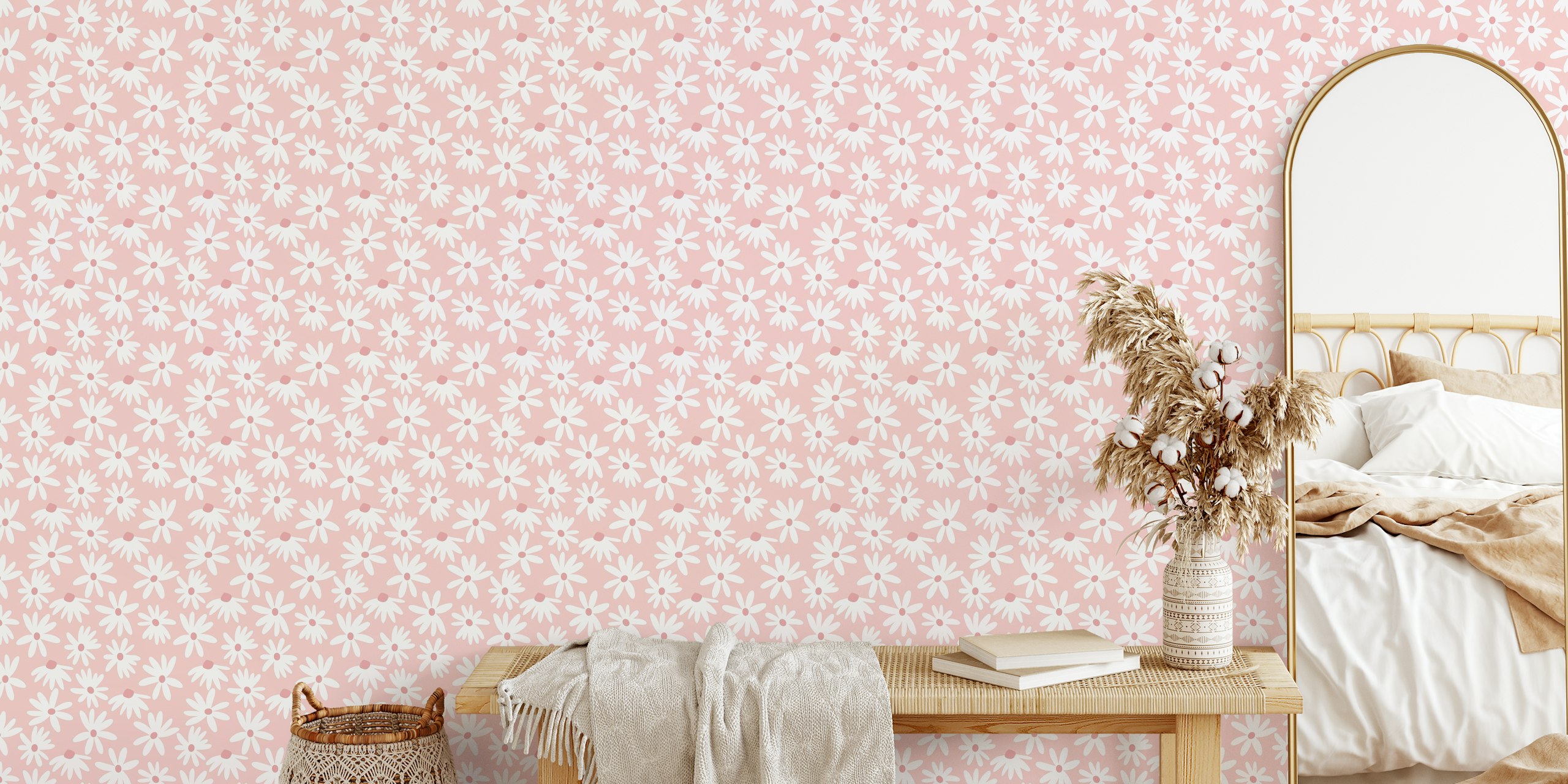 Retro floral daisy pattern in pink and white wallpaper