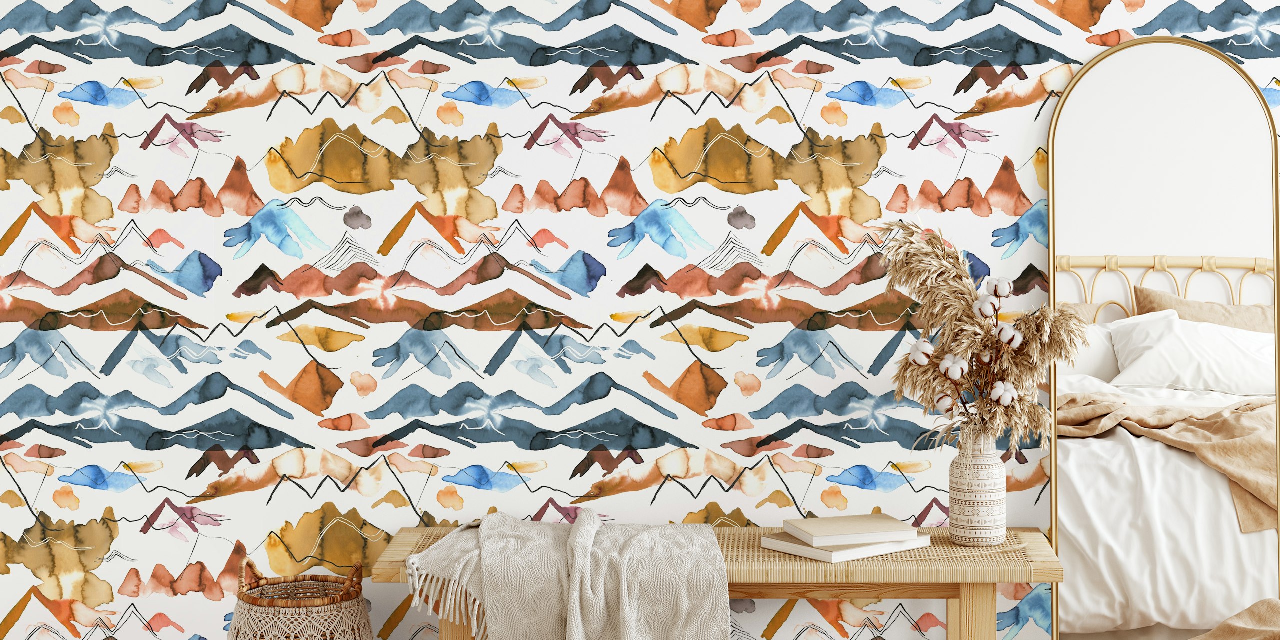 Watercolor wallpaper of western mountains in a room