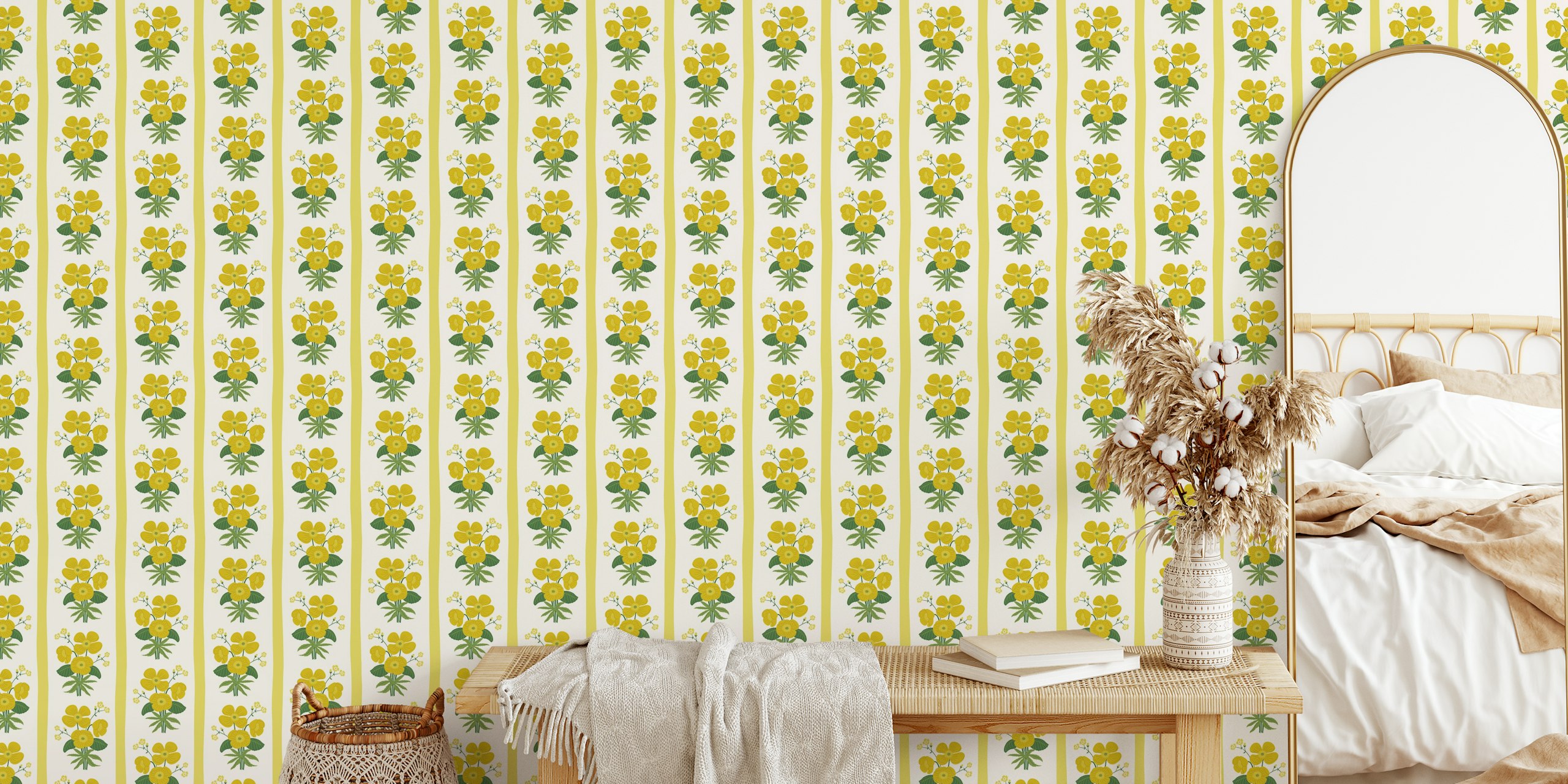 Grandmillennial Poppies Stripe yellow wallpaper in a room