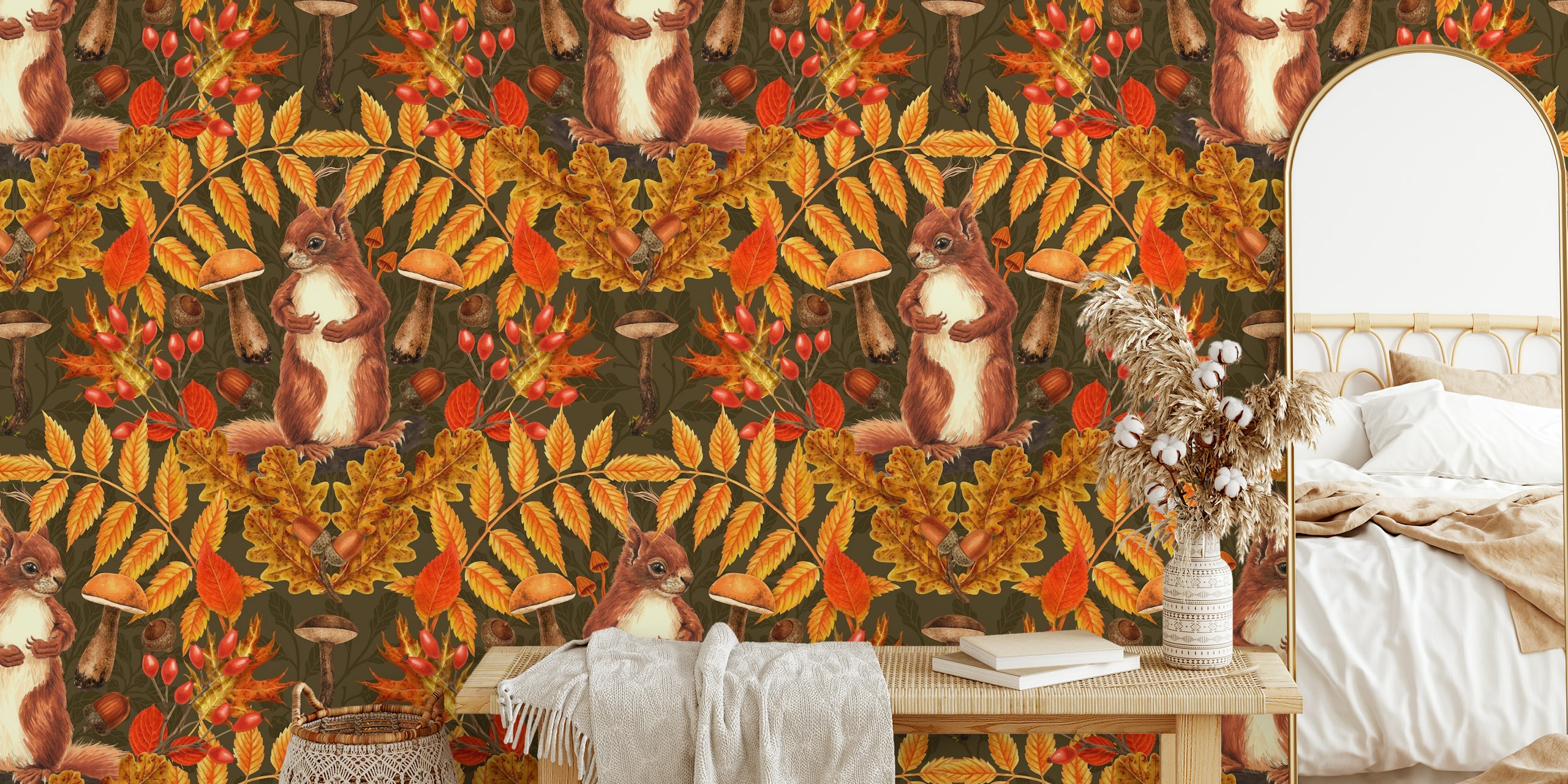 Autumn squirrel on dark brown design del wallpaper